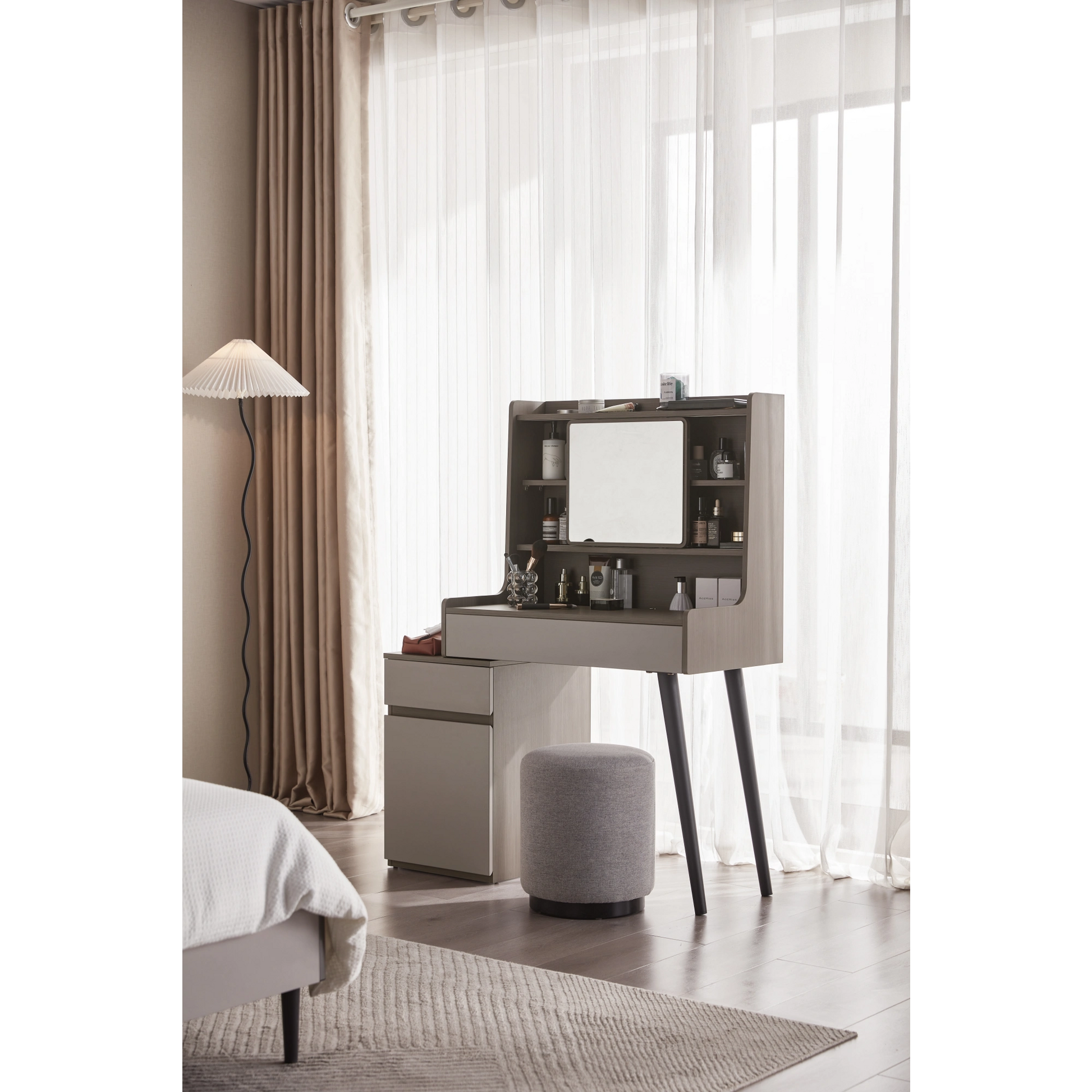 Linspire Juniper Extendable Dressing Table with Cabinet Set, Dark Wood & Light Grey