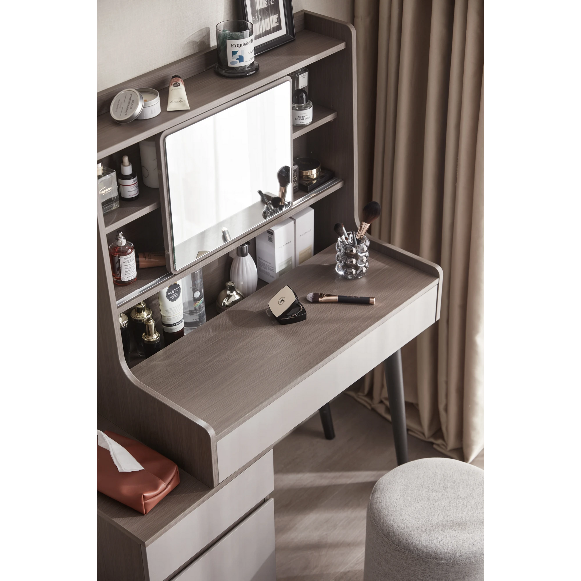Linspire Juniper Extendable Dressing Table with Cabinet Set, Dark Wood & Light Grey