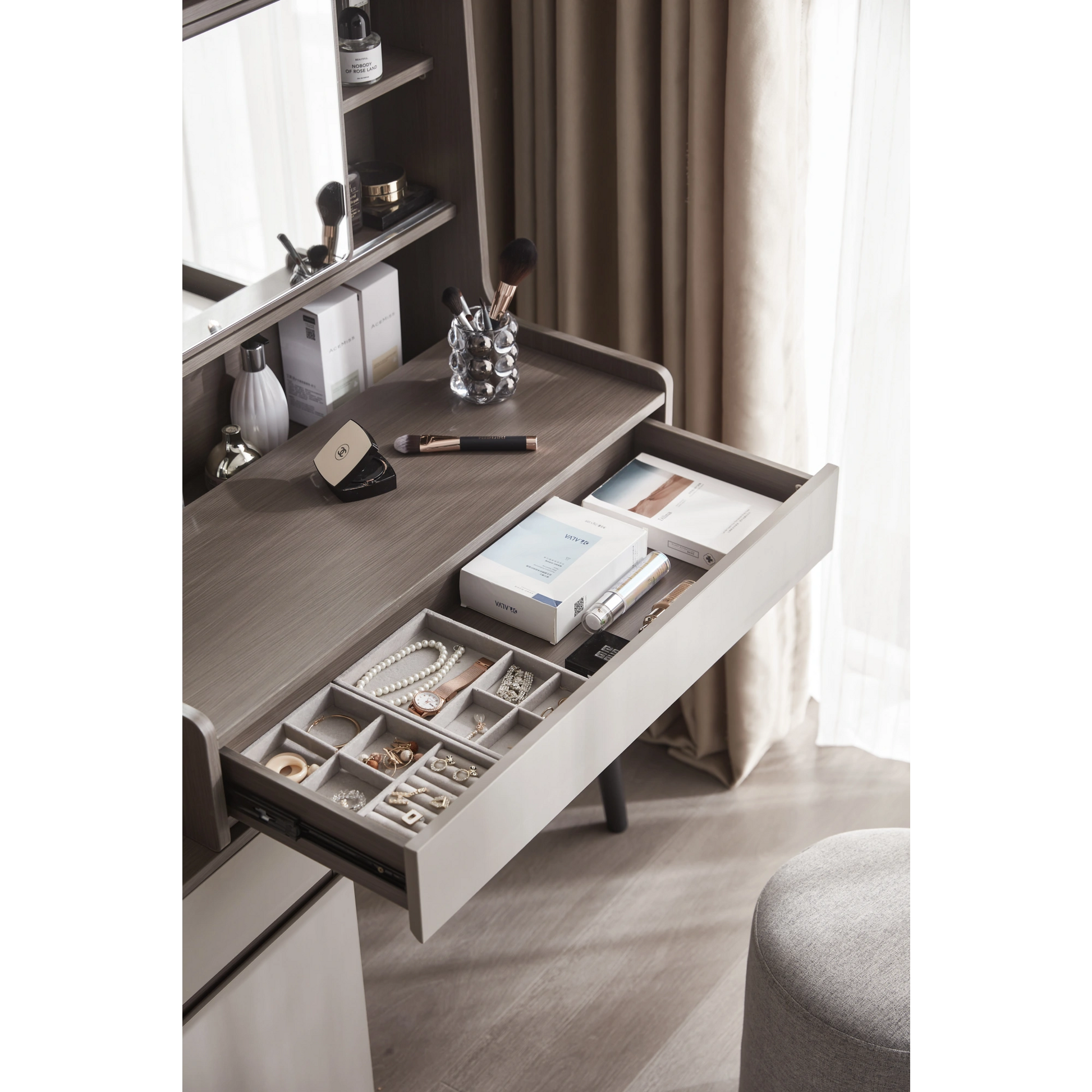 Linspire Juniper Extendable Dressing Table with Cabinet Set, Dark Wood & Light Grey