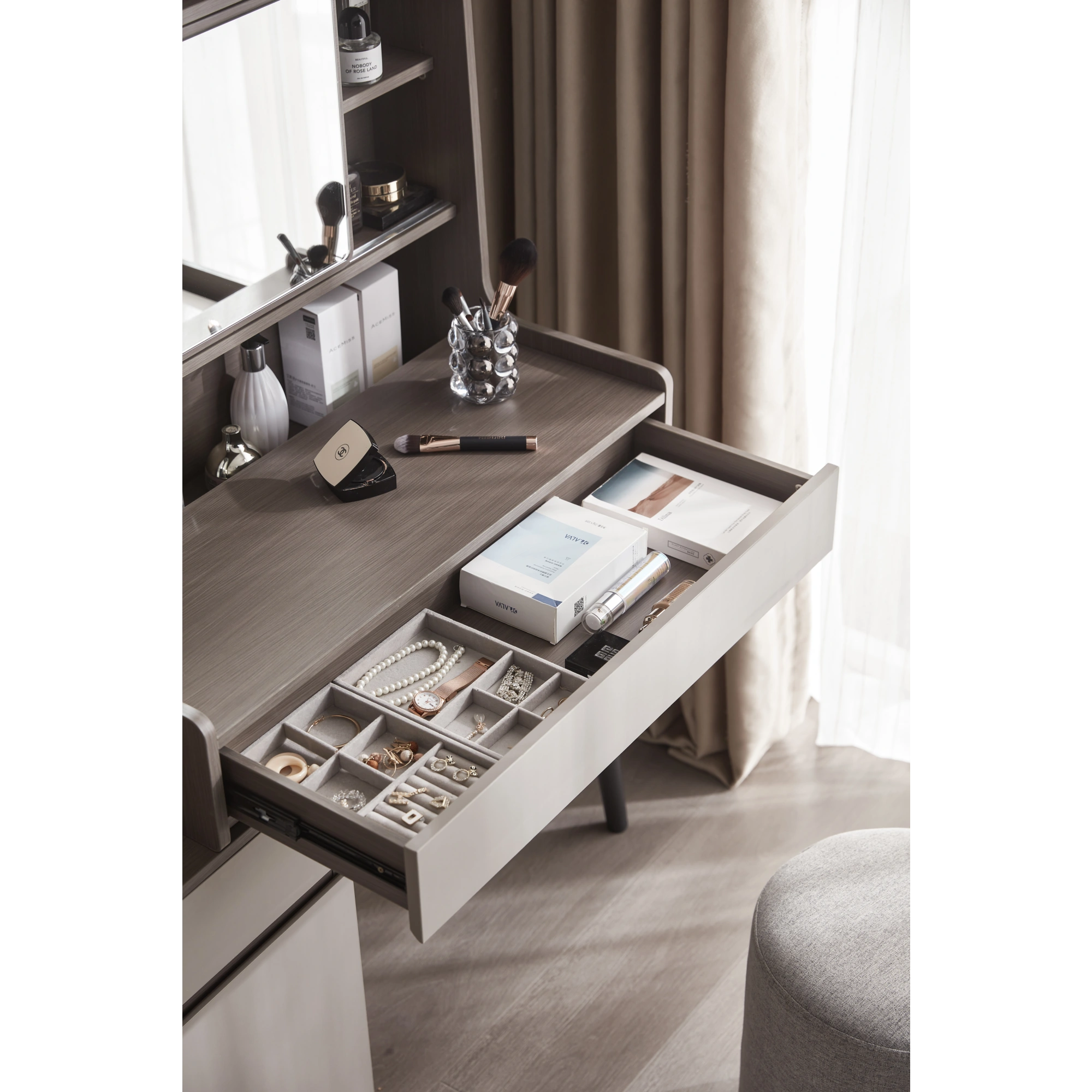 Linspire Juniper Extendable Dressing Table with Cabinet Set, Dark Wood & Light Grey