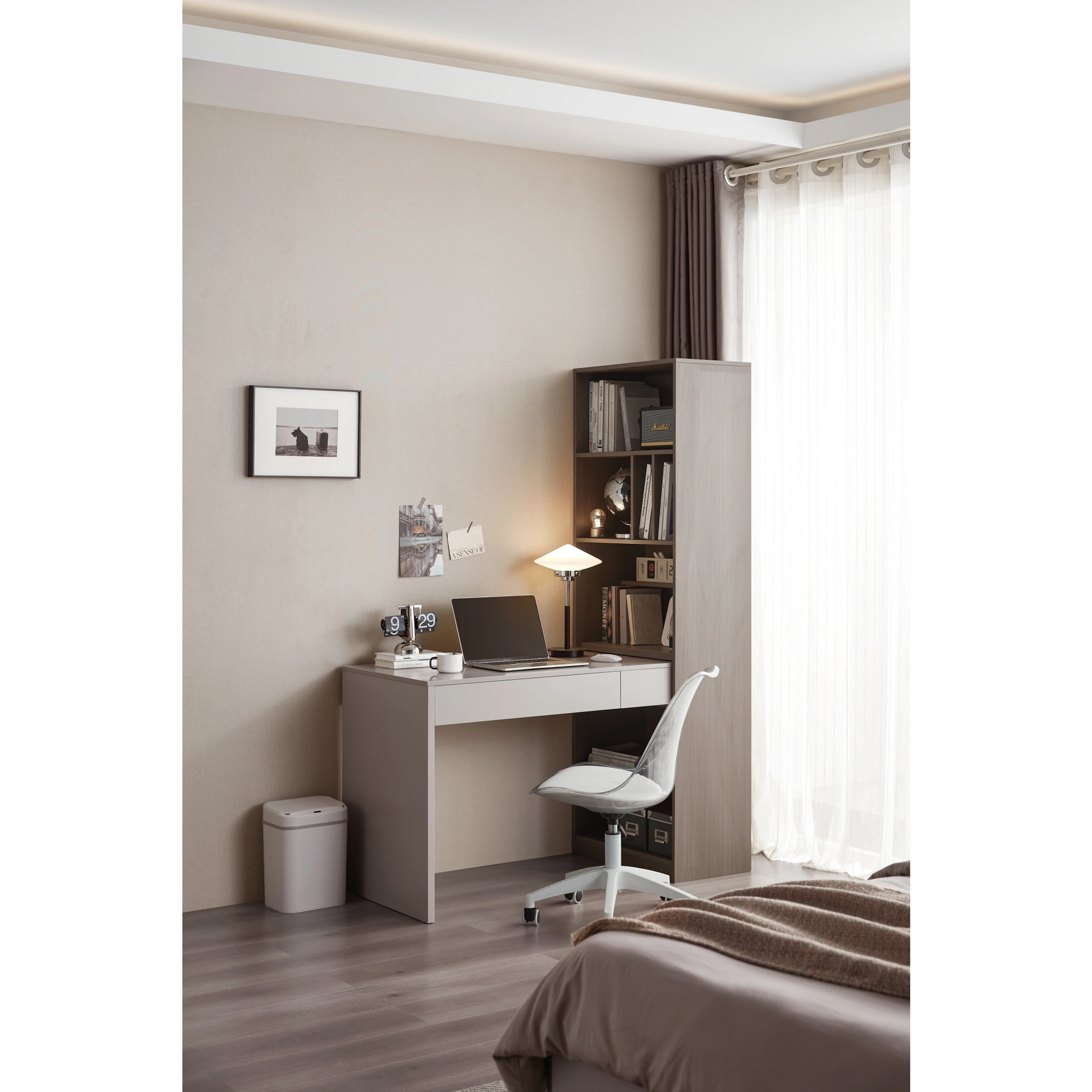 Linspire Rena Desk with Bookcase, Natural Wood & Light Grey