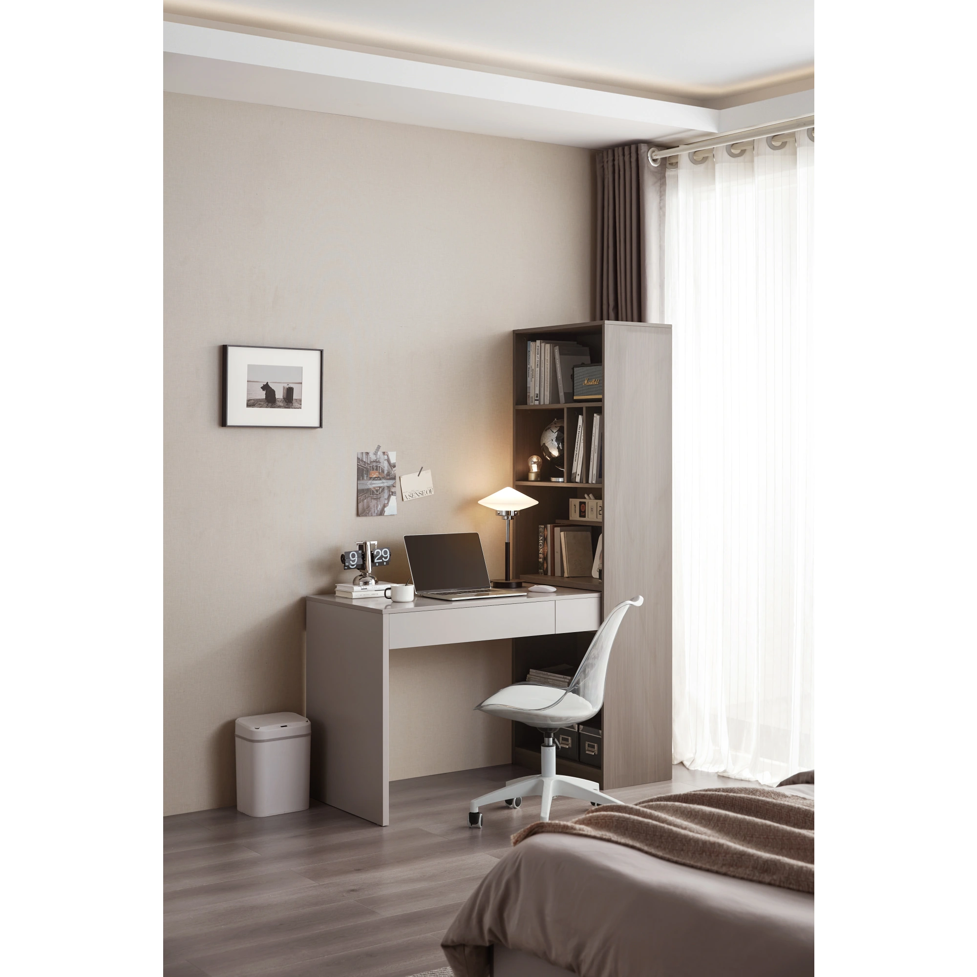Linspire Rena Desk with Bookcase, Natural Wood & Light Grey