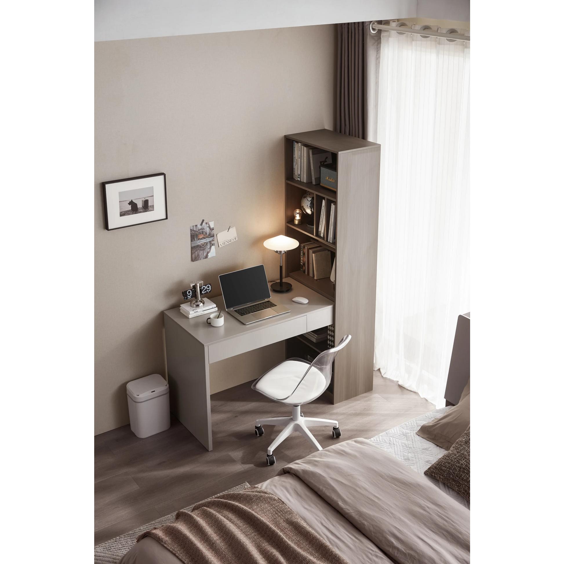 Linspire Rena Desk with Bookcase, Natural Wood & Light Grey