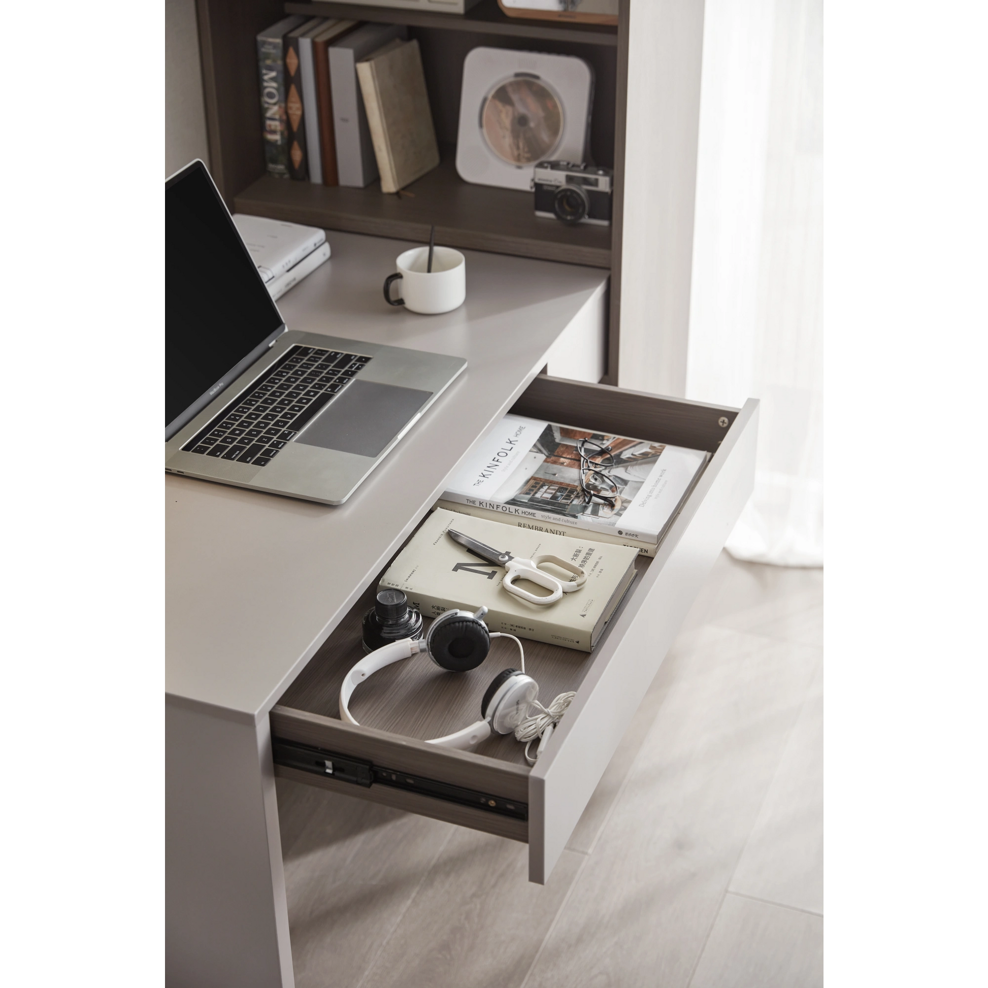 Linspire Rena Desk with Bookcase, Natural Wood & Light Grey