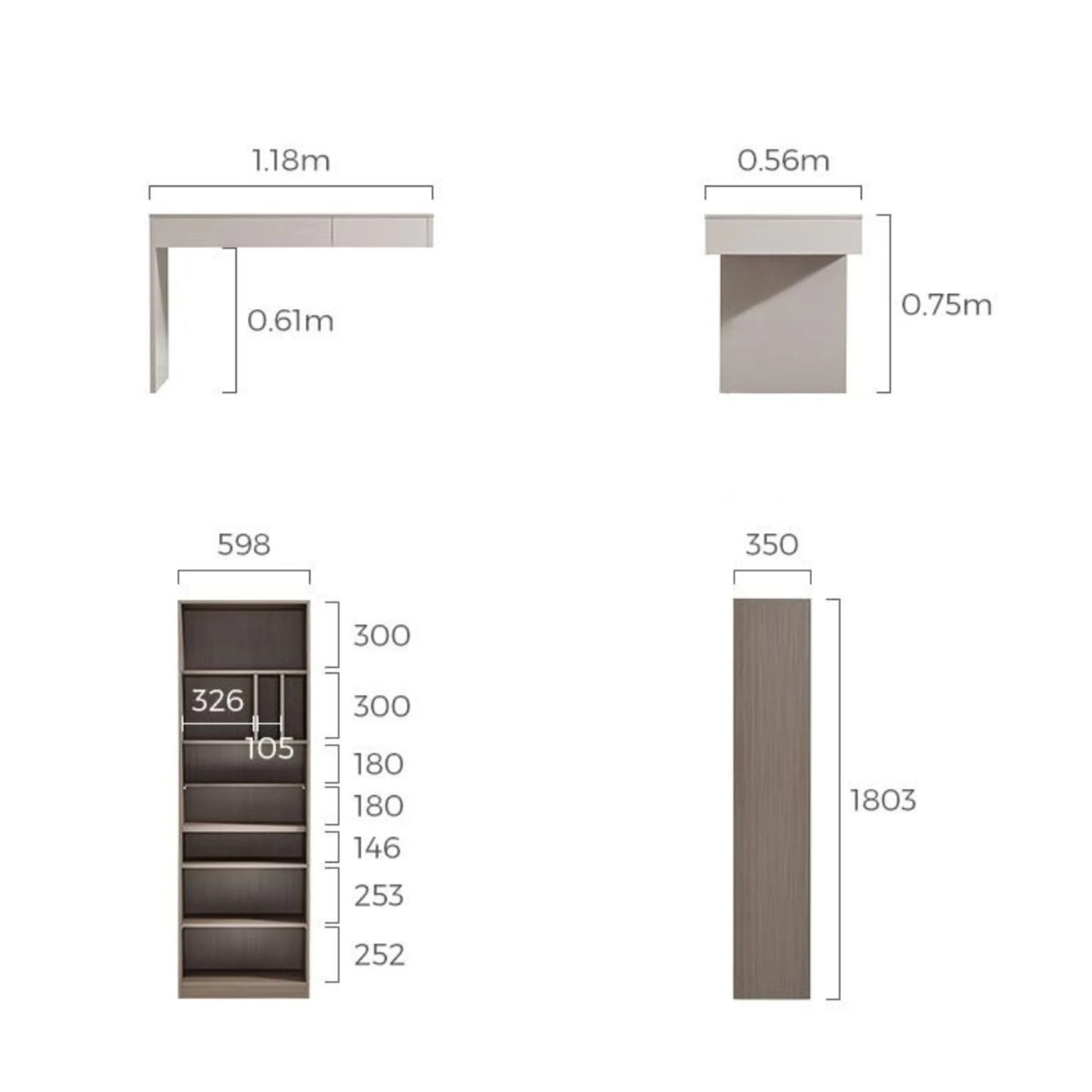 Linspire Rena Desk with Bookcase, Natural Wood & Light Grey