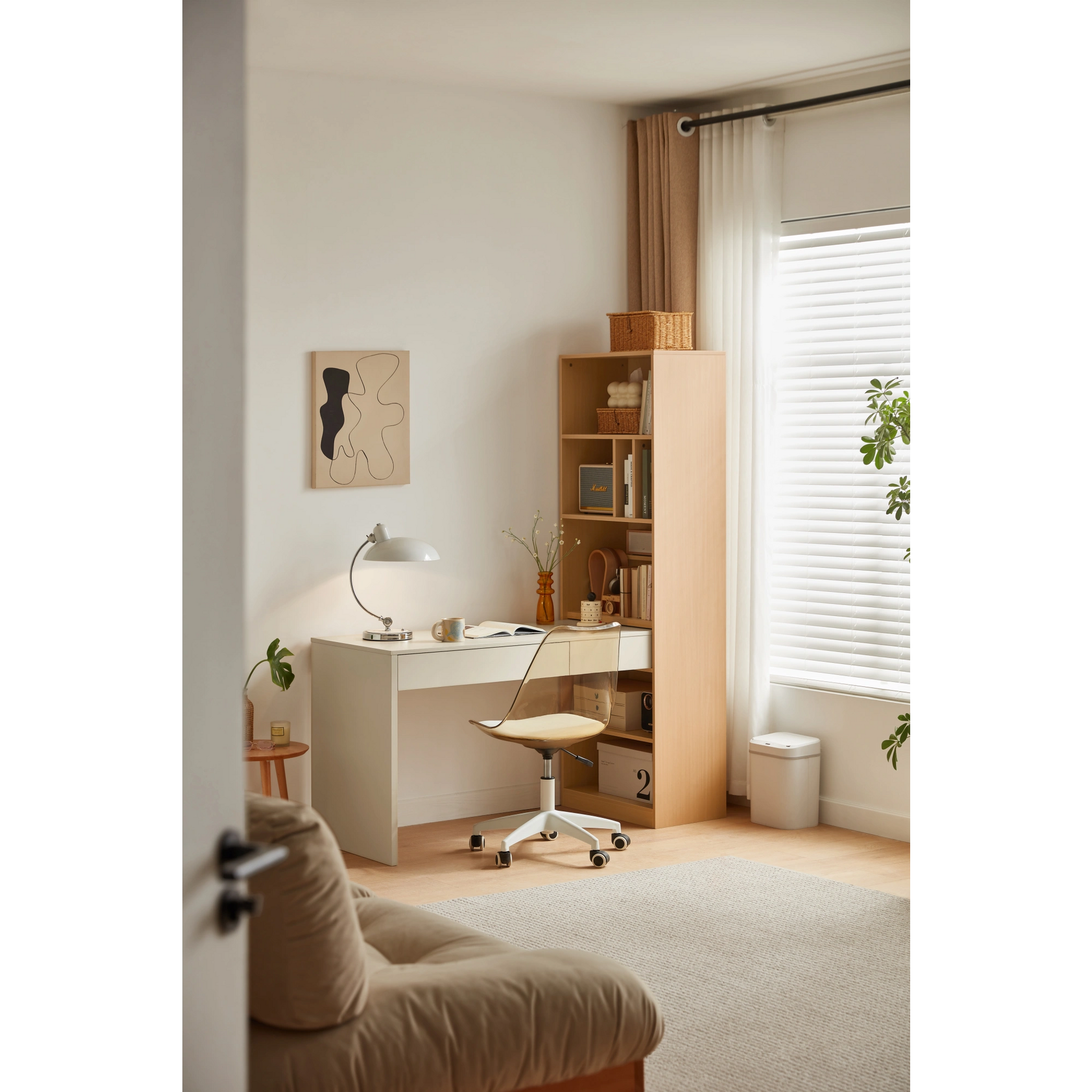 Linspire Rena Desk with Bookcase, Natural Wood & Off-White