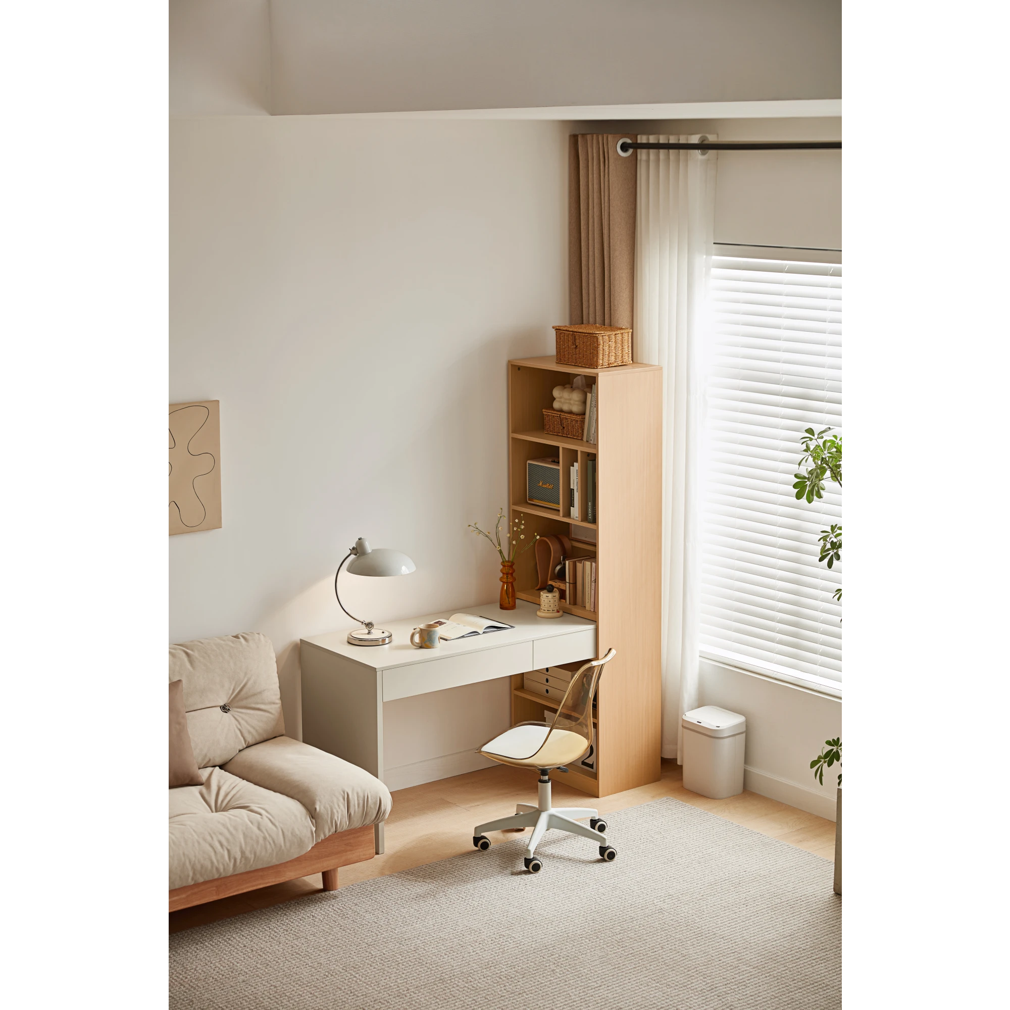 Linspire Rena Desk with Bookcase, Natural Wood & Off-White