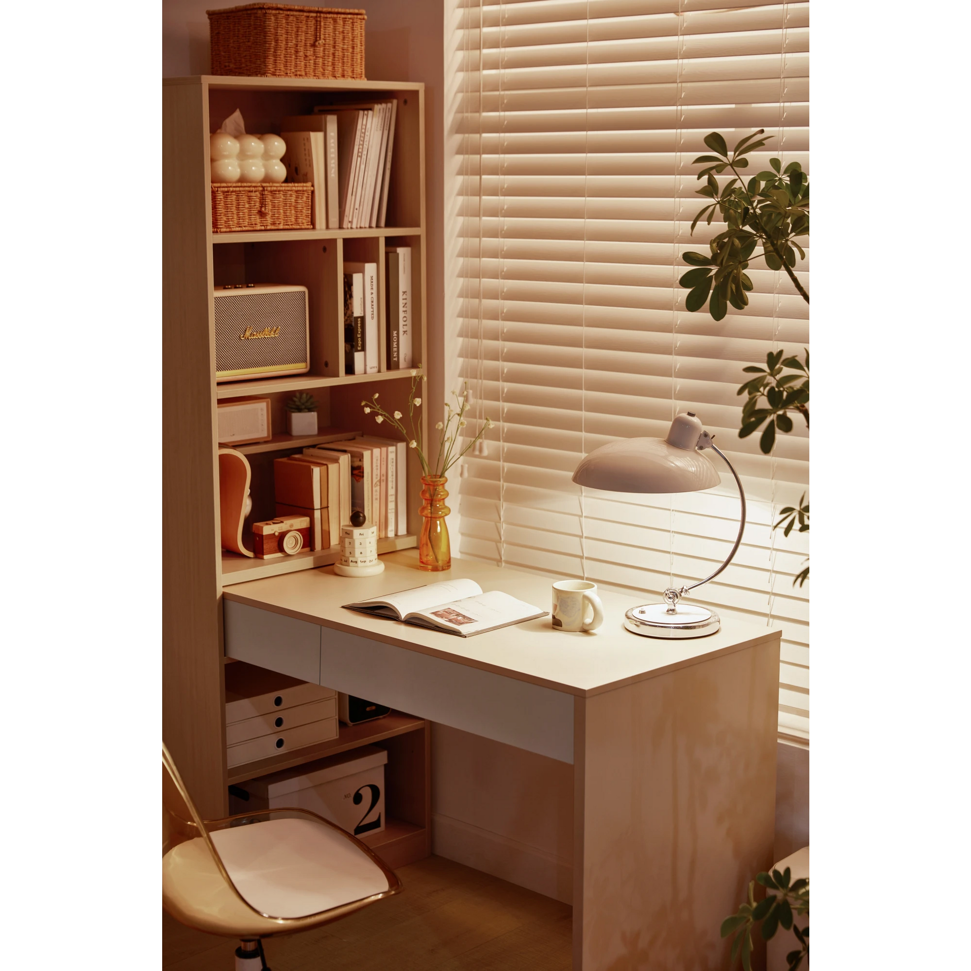 Linspire Rena Desk with Bookcase, Natural Wood & Off-White