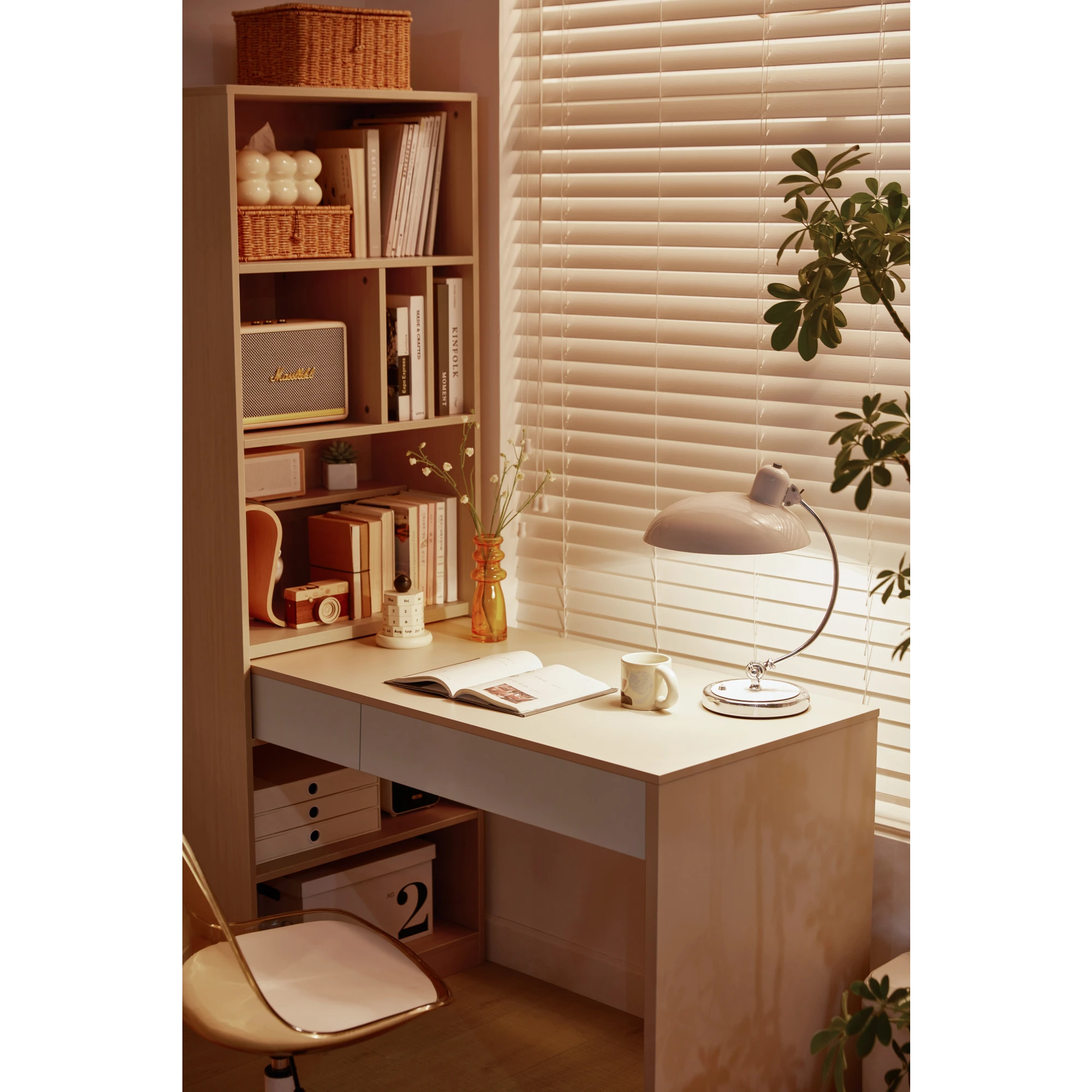 Linspire Rena Desk with Bookcase, Natural Wood & Off-White