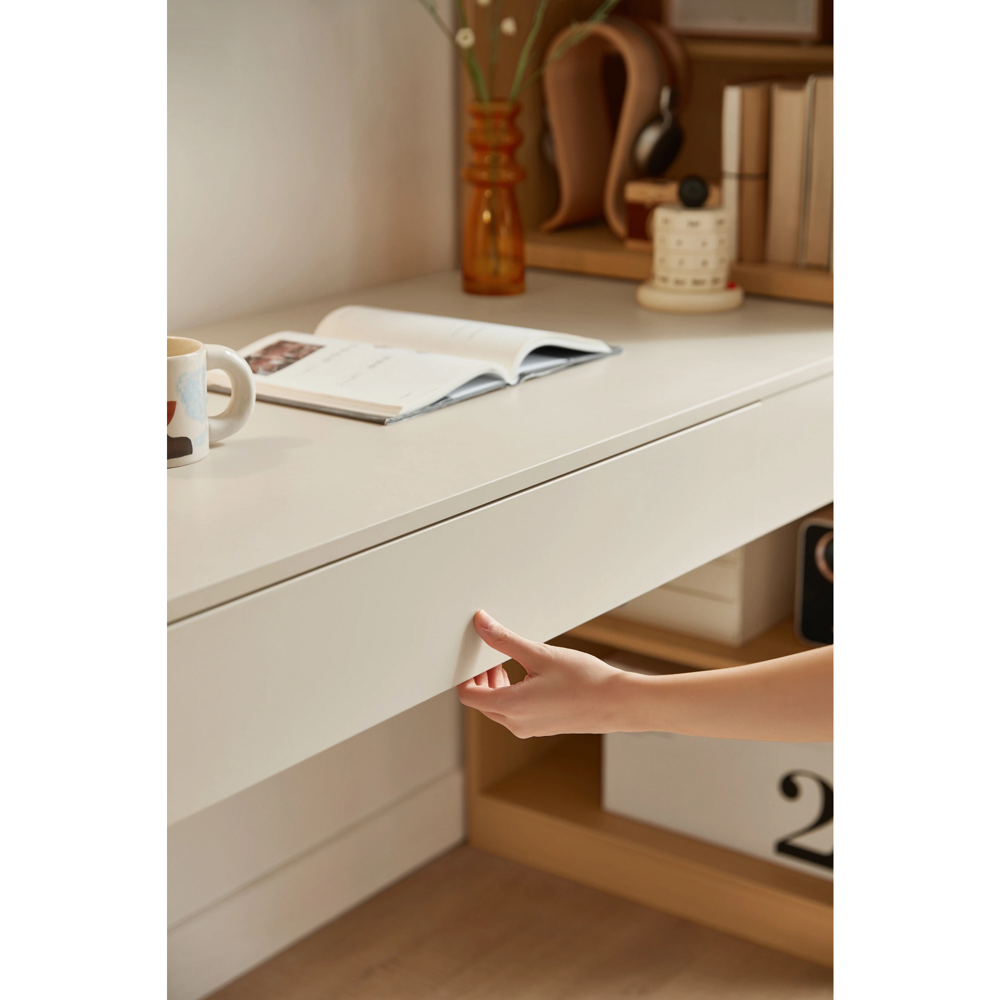Linspire Rena Desk with Bookcase, Natural Wood & Off-White