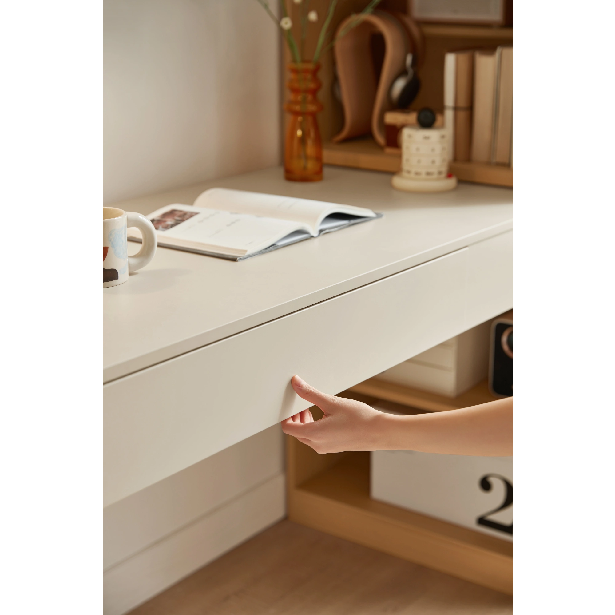 Linspire Rena Desk with Bookcase, Natural Wood & Off-White