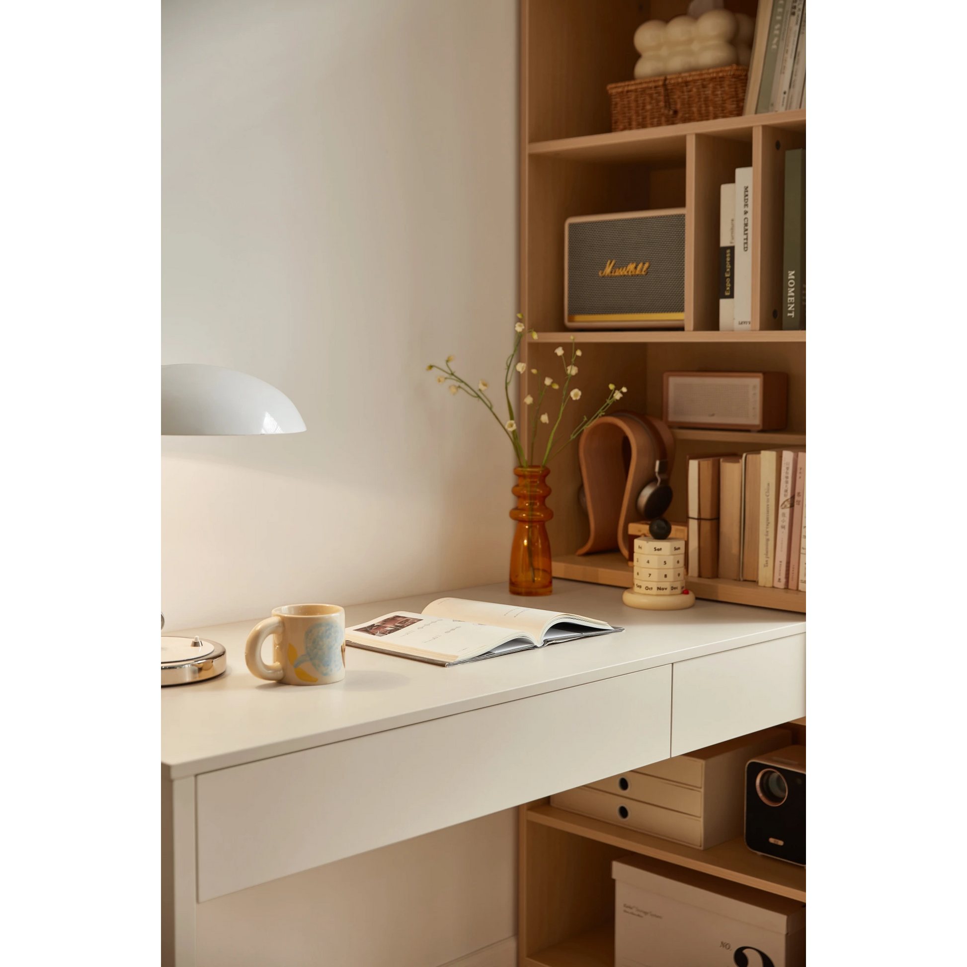 Linspire Rena Desk with Bookcase, Natural Wood & Off-White