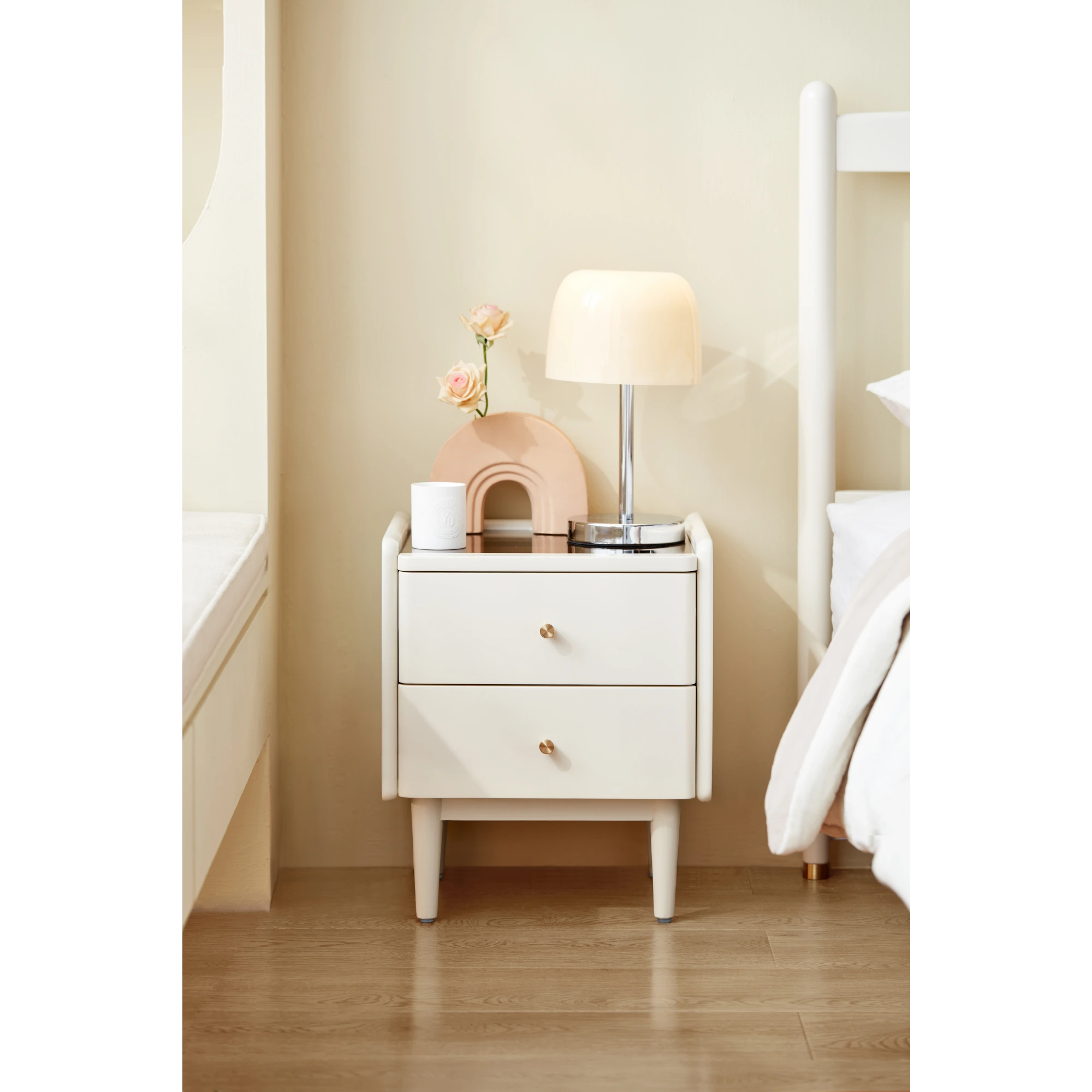 Linspire Ventus Bedside Table with Glass Top, Off-White