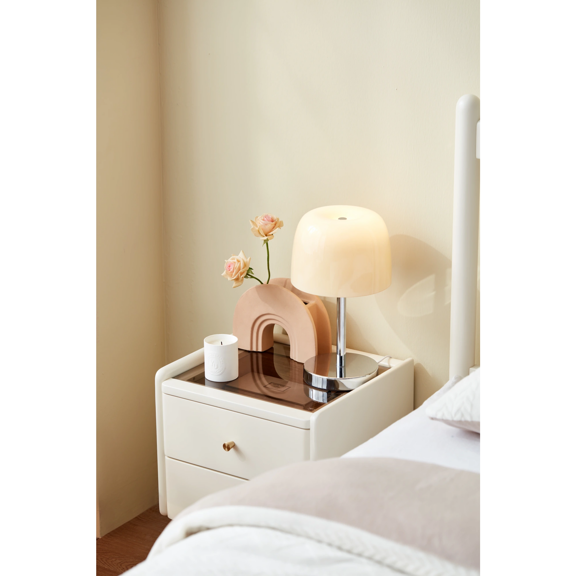 Linspire Ventus Bedside Table with Glass Top, Off-White