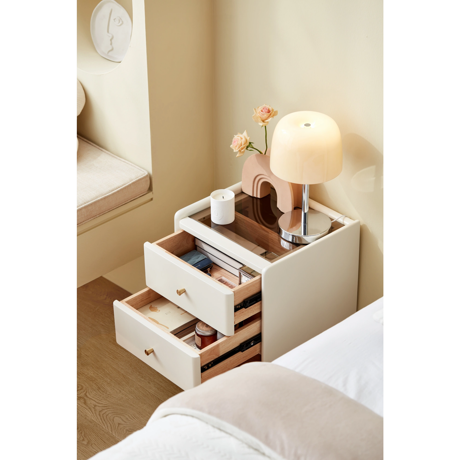 Linspire Ventus Bedside Table with Glass Top, Off-White