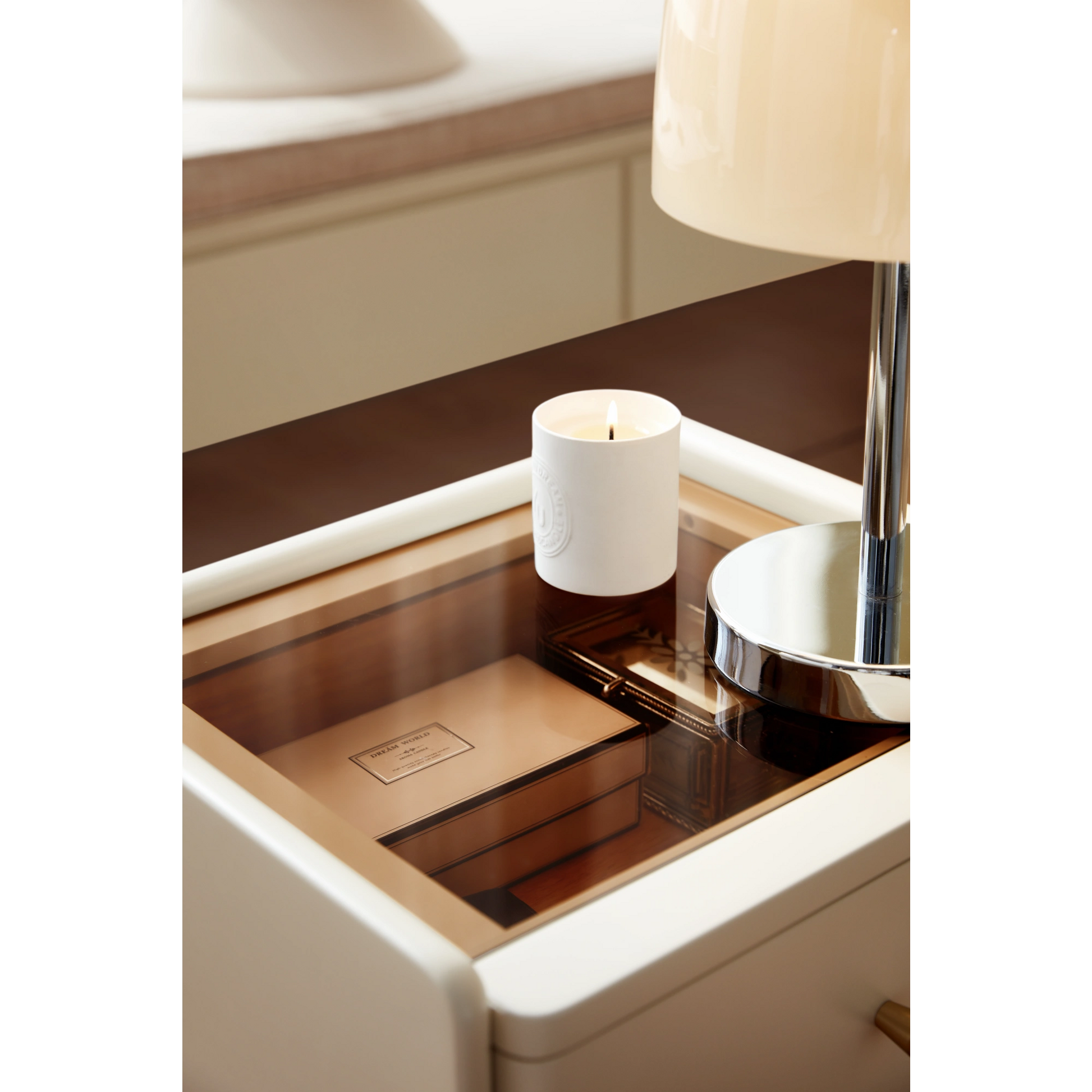 Linspire Ventus Bedside Table with Glass Top, Off-White