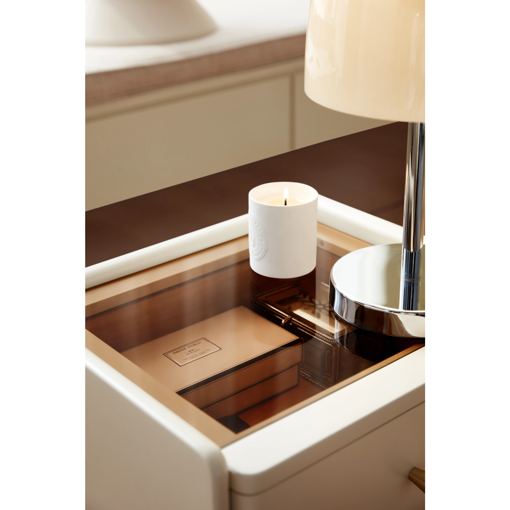 Linspire Ventus Bedside Table with Glass Top, Off-White