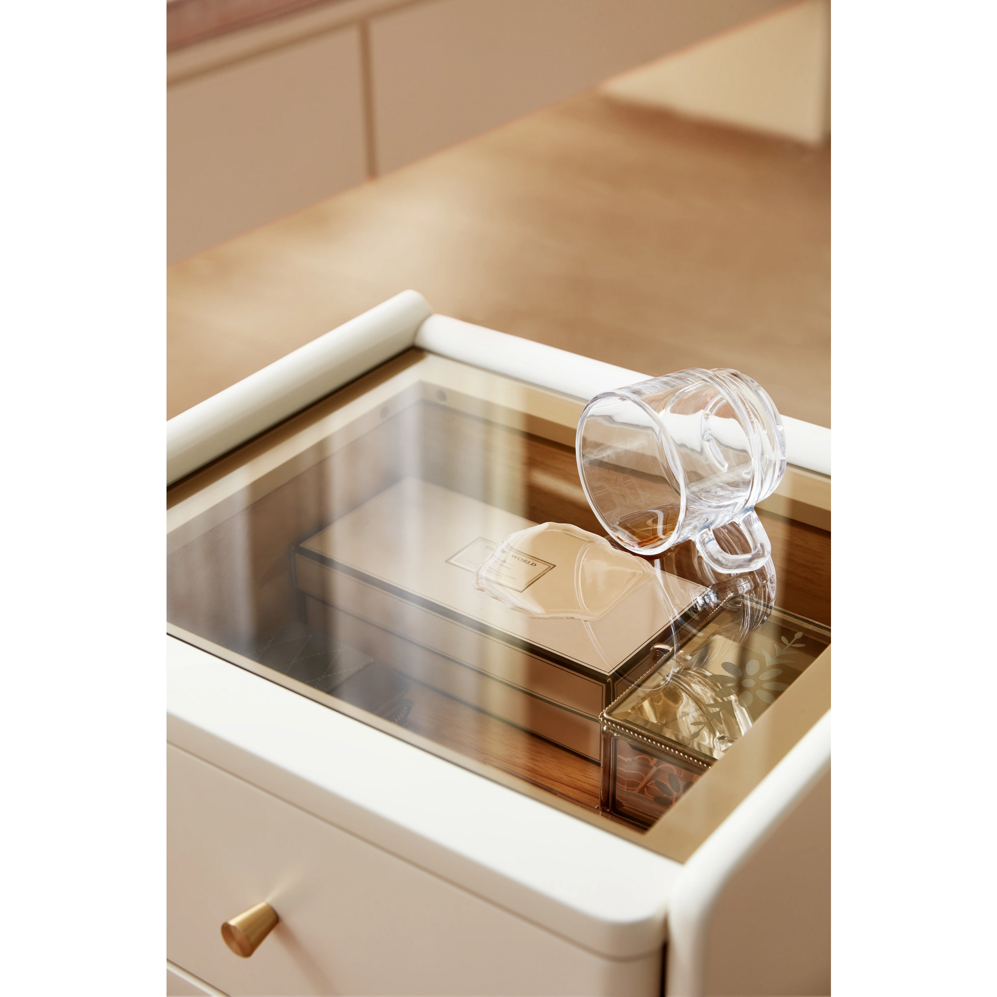 Linspire Ventus Bedside Table with Glass Top, Off-White