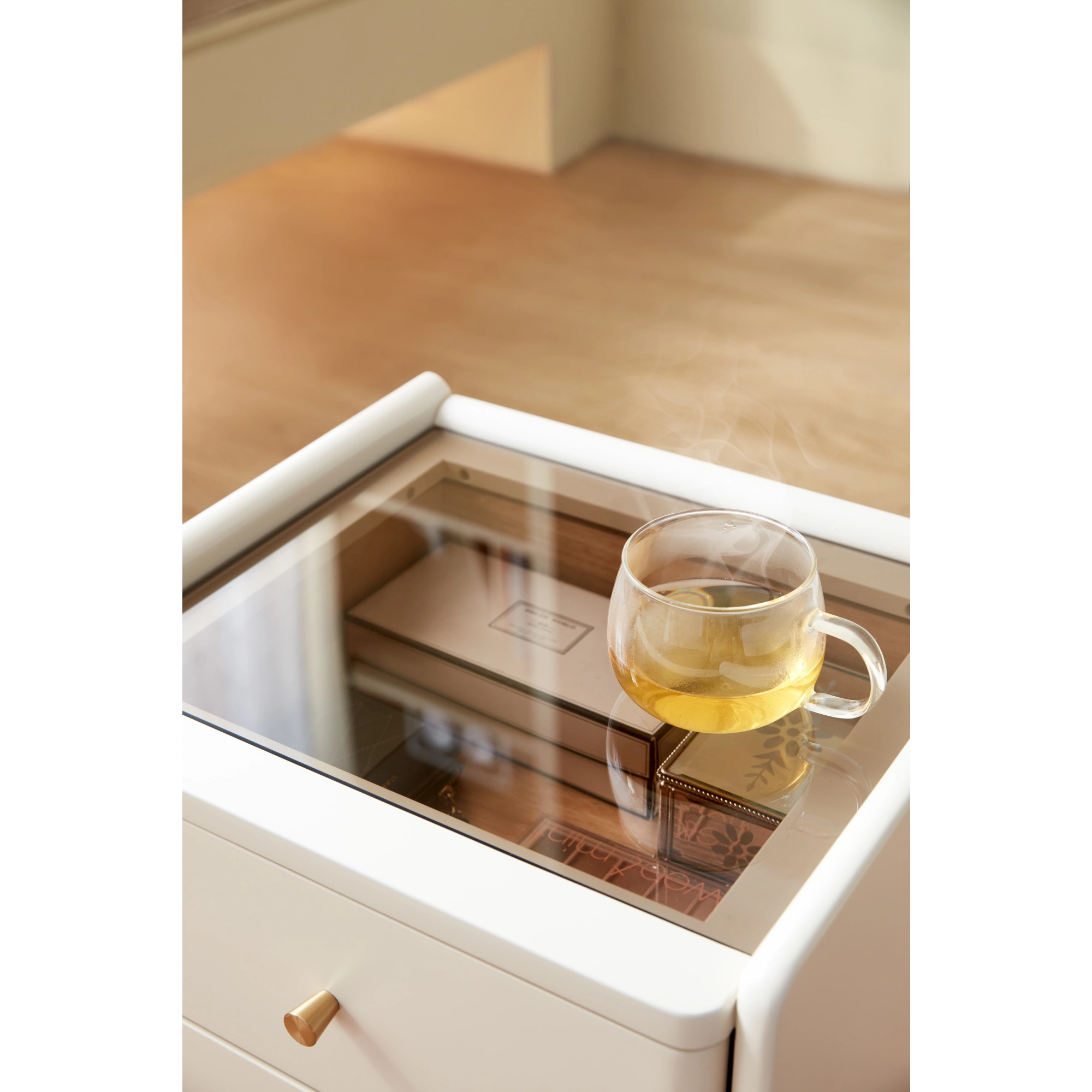 Linspire Ventus Bedside Table with Glass Top, Off-White