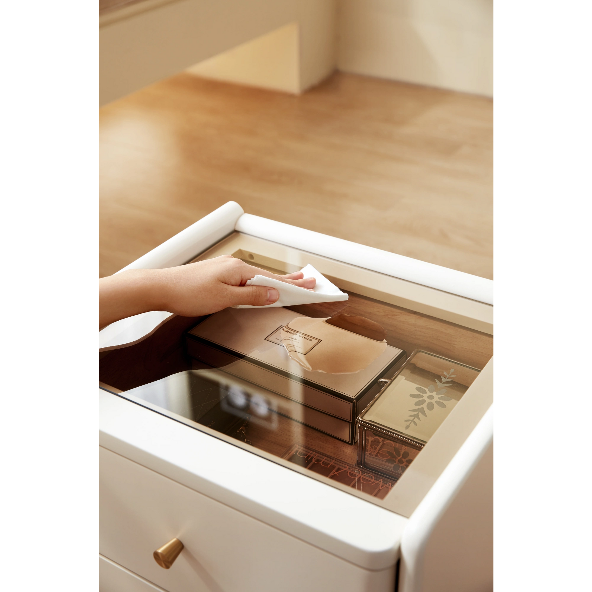 Linspire Ventus Bedside Table with Glass Top, Off-White