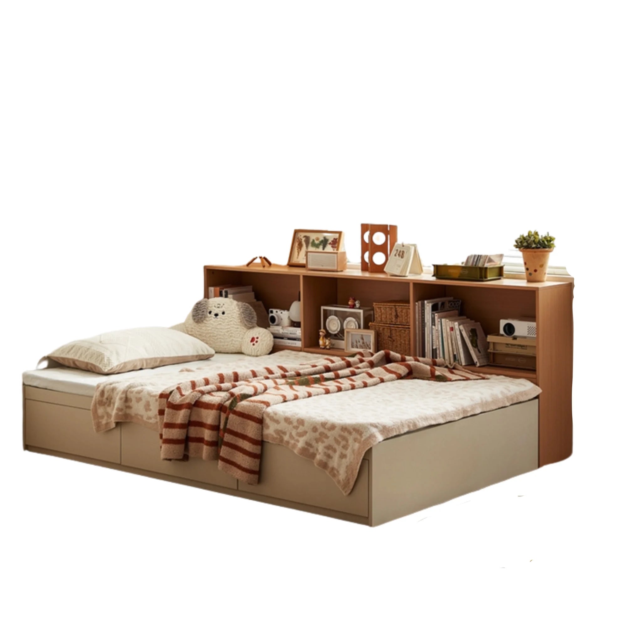 Linspire Lattice Bed Base With Drawers And Storage Cabinet, Light Grey, Natural Wood