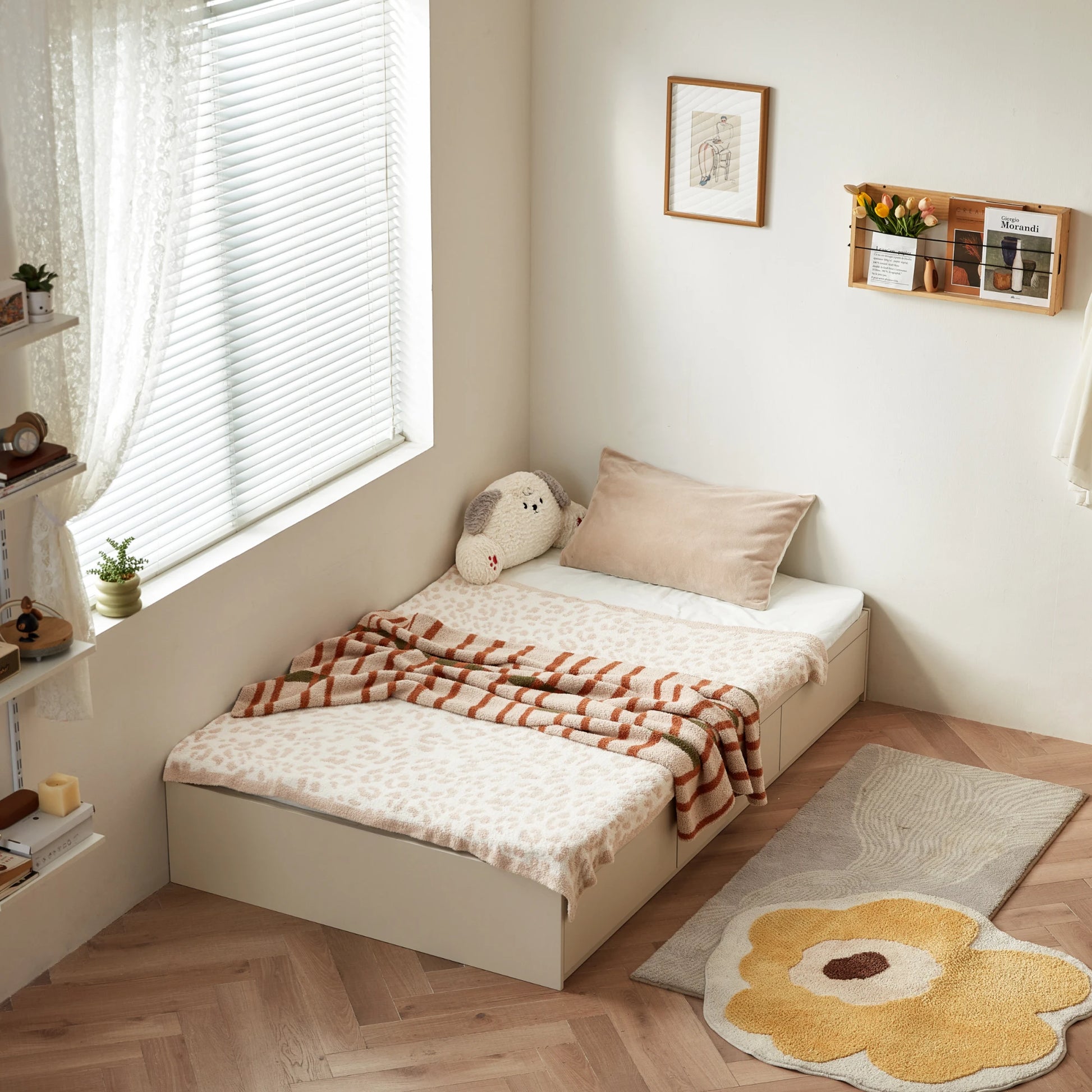 Linspire Lattice Bed Base With Drawers And Storage Cabinet, Light Grey, Natural Wood
