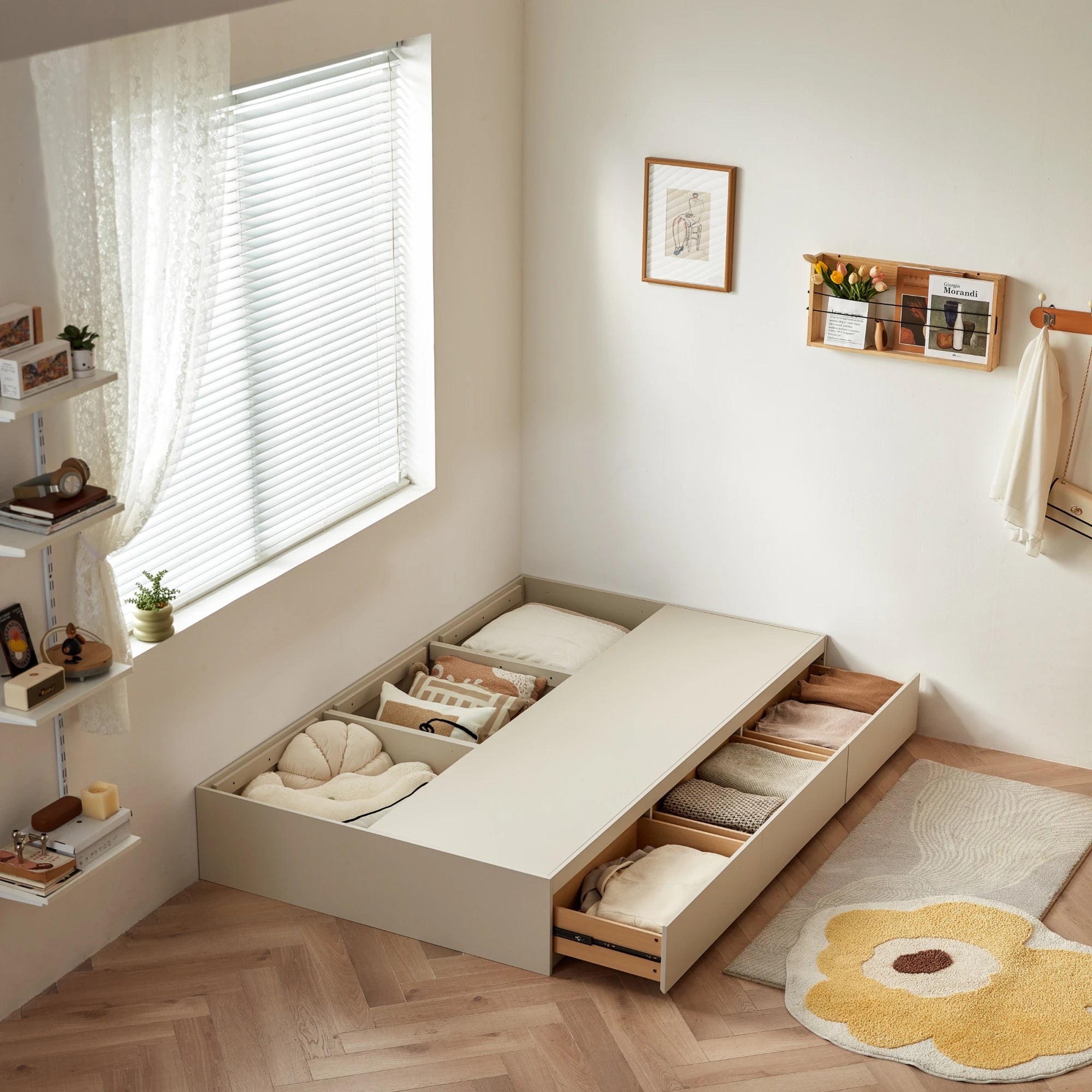 Linspire Lattice Bed Base With Drawers And Storage Cabinet, Light Grey, Natural Wood