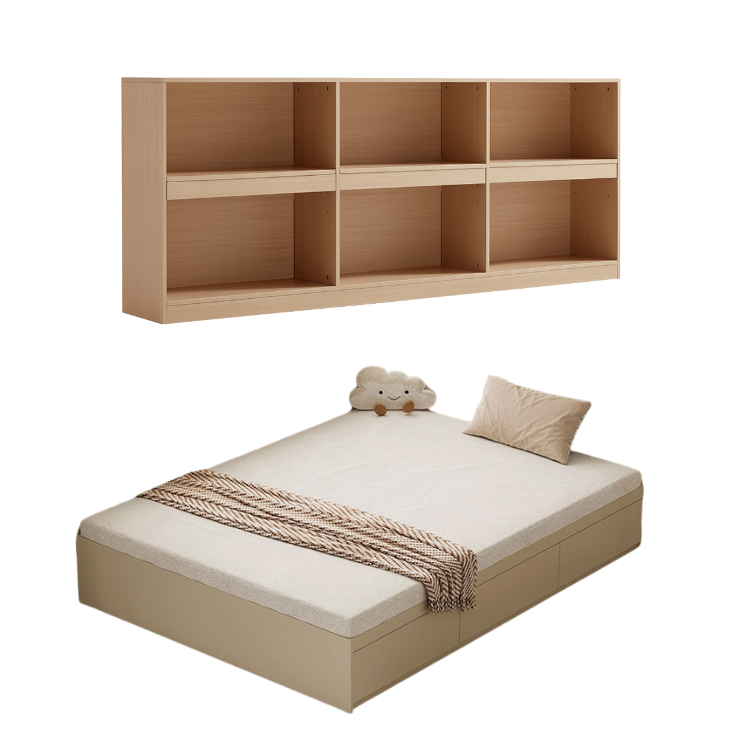 Linspire Lattice Bed Base With Drawers And Storage Cabinet, Light Grey, Natural Wood