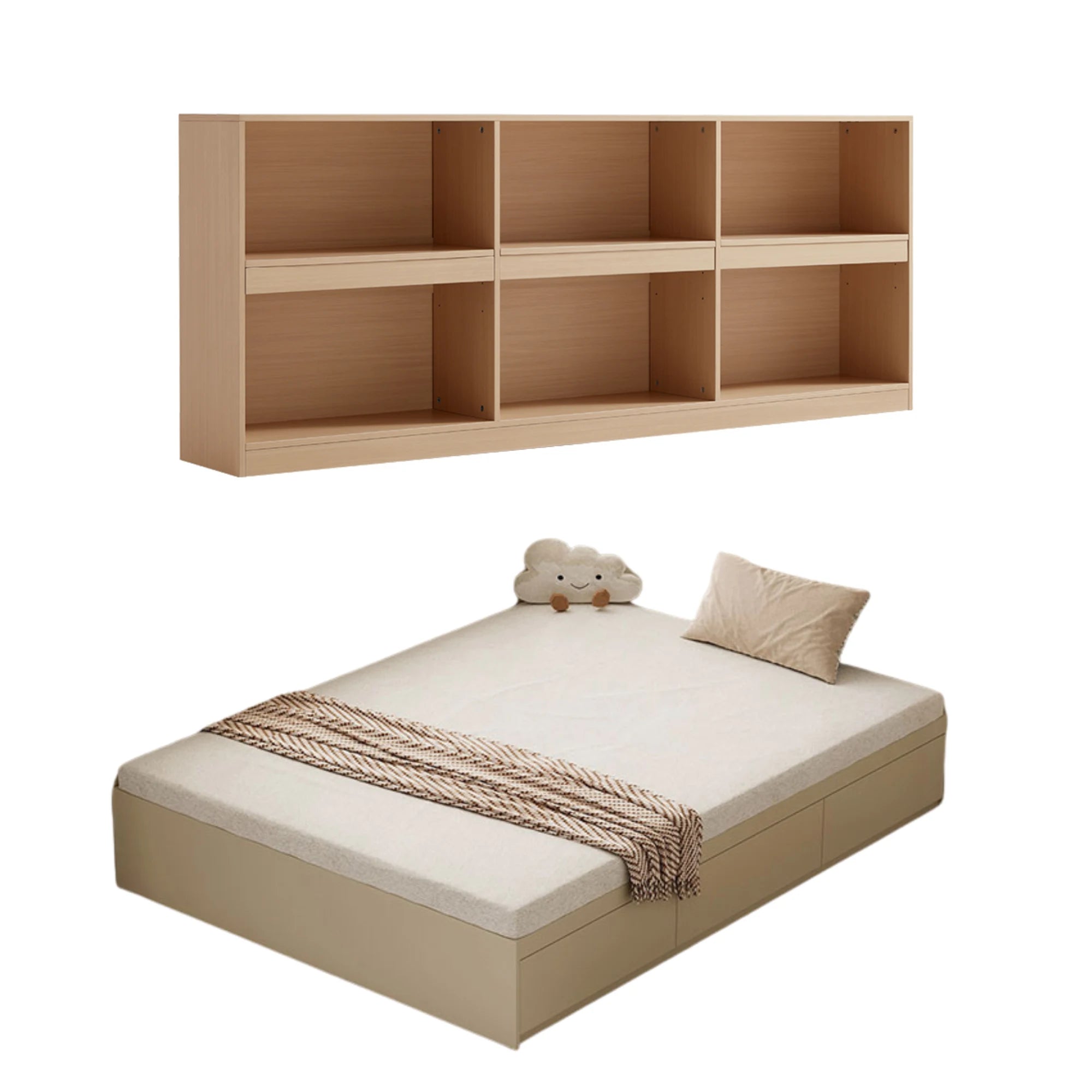 Linspire Lattice Bed Base With Drawers And Storage Cabinet, Light Grey, Natural Wood