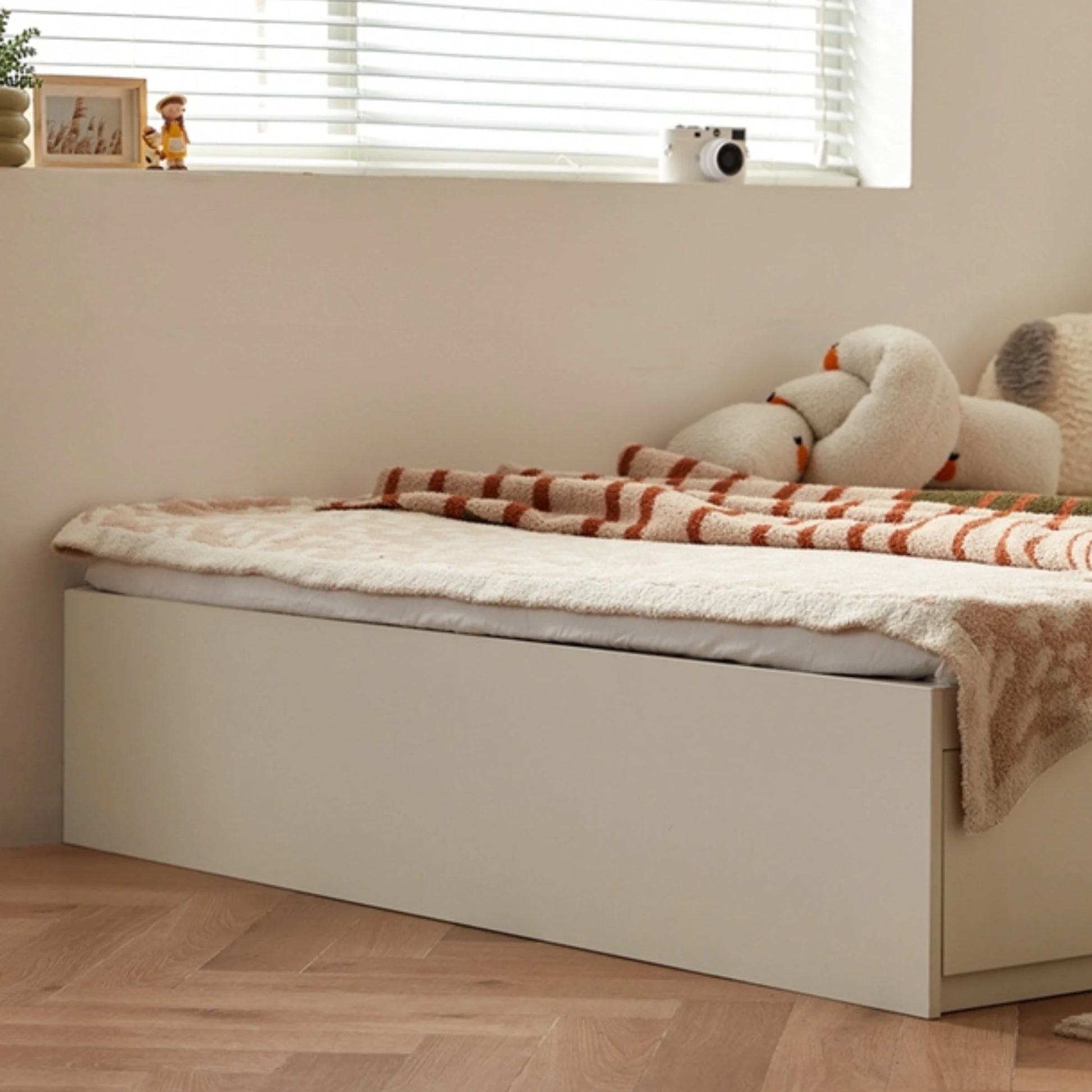 Linspire Lattice Bed Base With Drawers And Storage Cabinet, Light Grey, Natural Wood