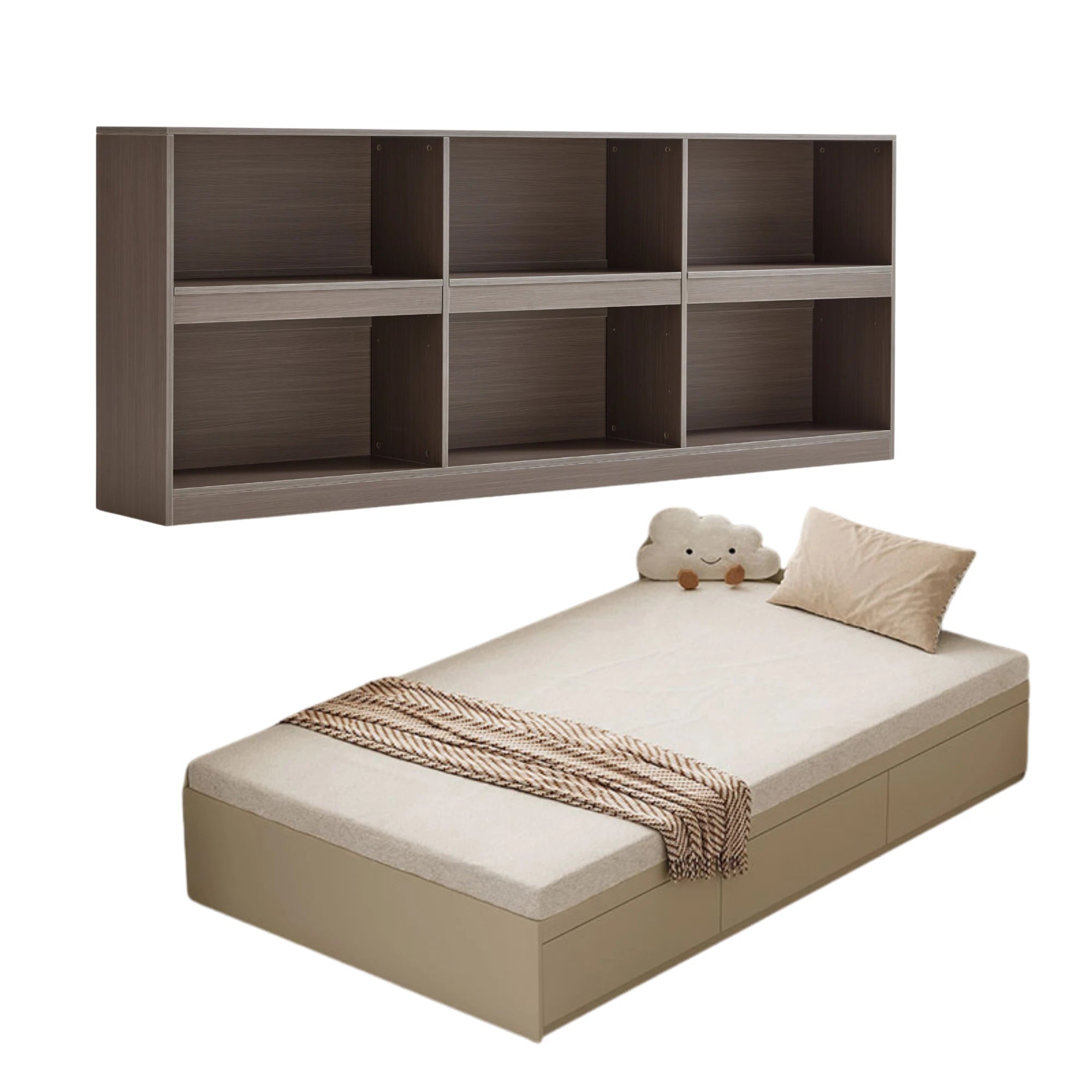 Linspire Lattice Bed Base With Drawers And Storage Cabinet, Light Grey, Dark Brown