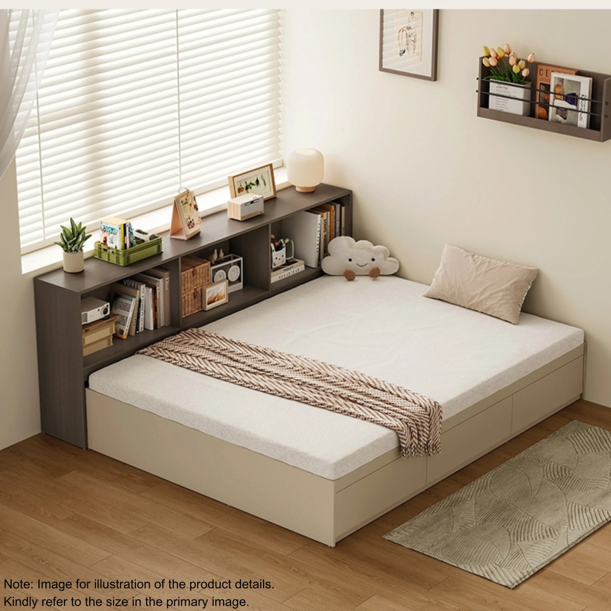 Linspire Lattice Bed Base With Drawers And Storage Cabinet, Light Grey, Dark Brown