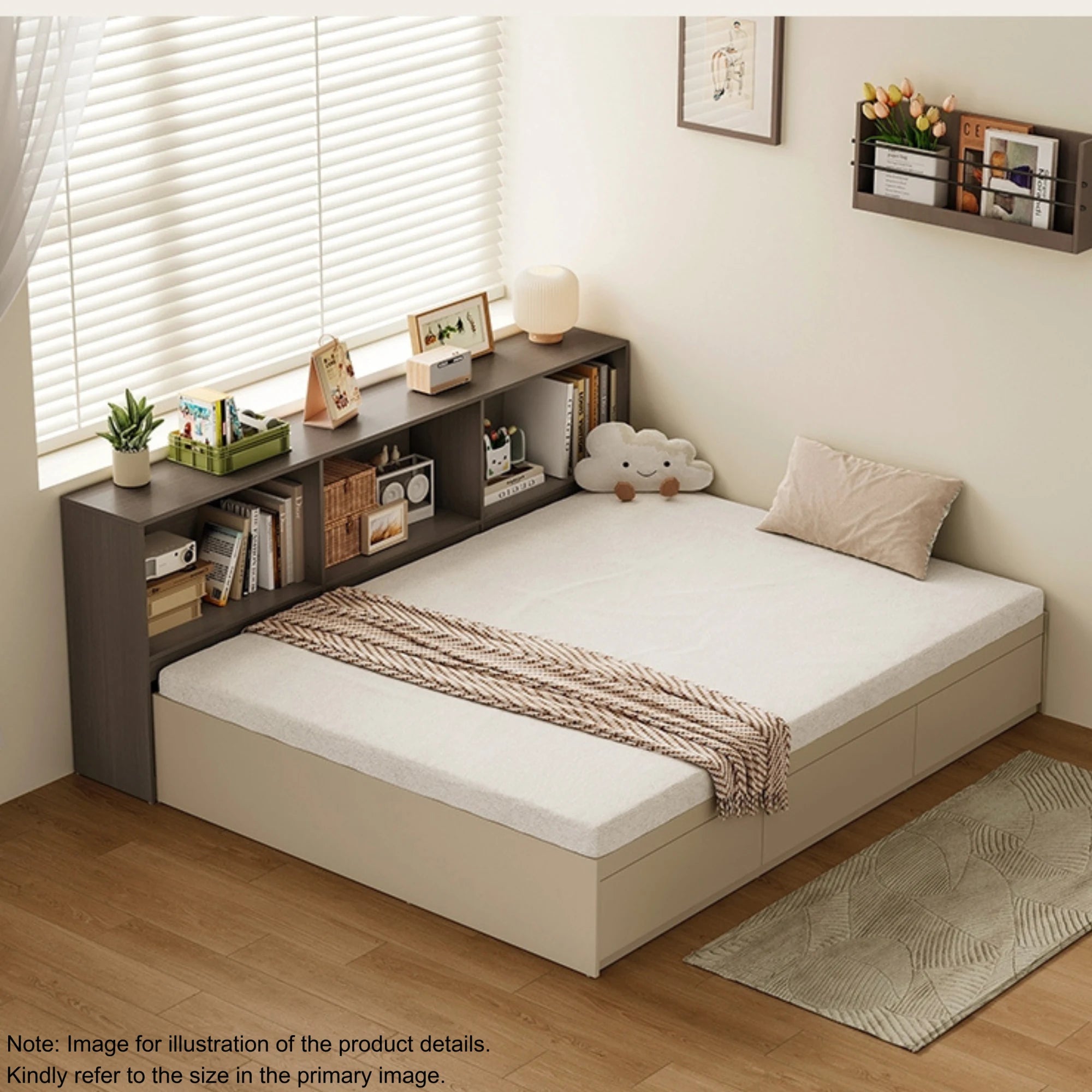 Linspire Lattice Bed Base With Drawers And Storage Cabinet, Light Grey, Dark Brown