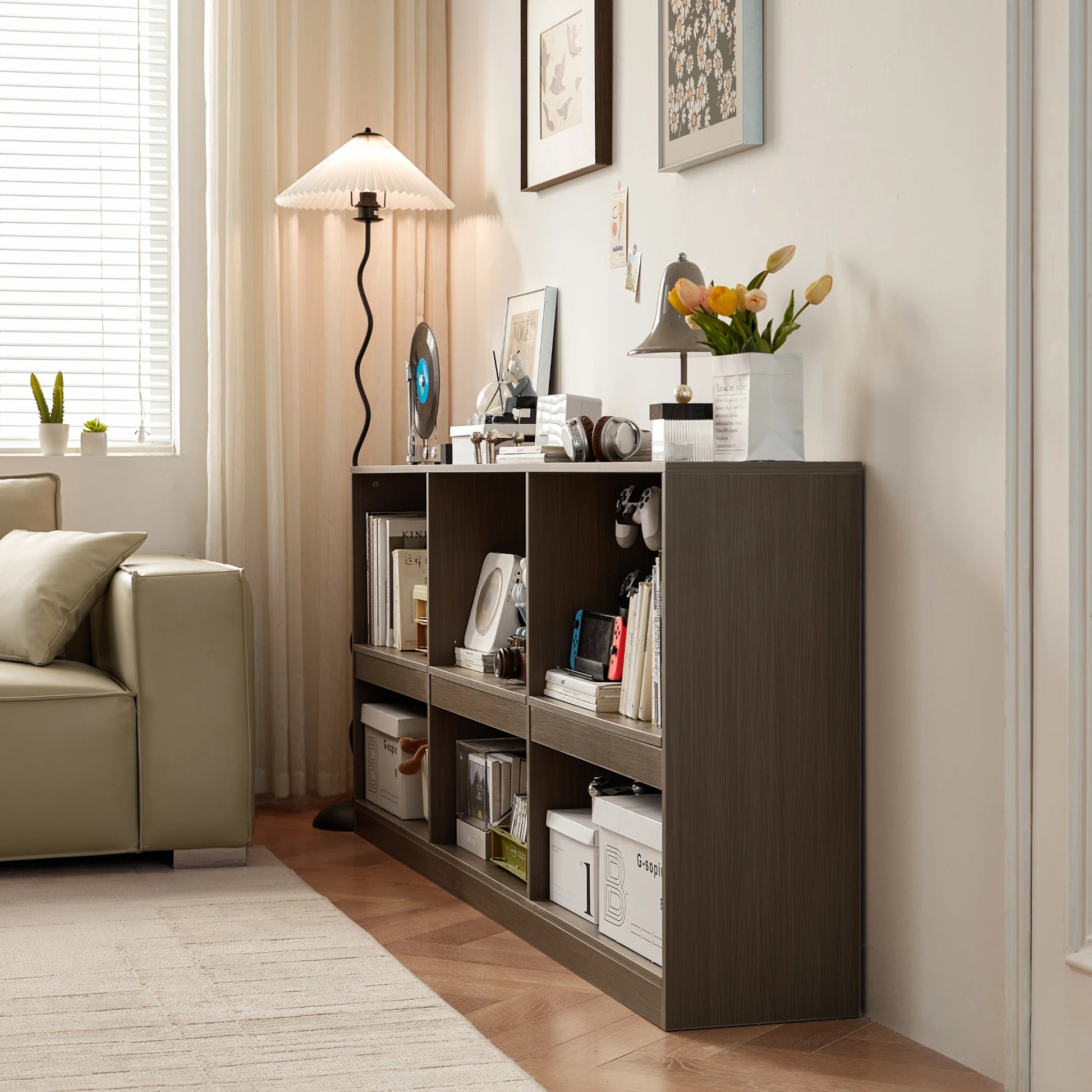 Linspire Lattice Bed Base With Drawers And Storage Cabinet, Light Grey, Dark Brown