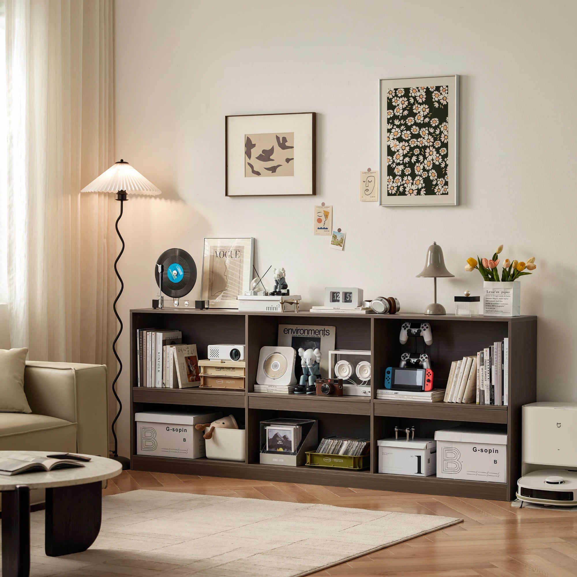 Linspire Lattice Bed Base With Drawers And Storage Cabinet, Light Grey, Dark Brown