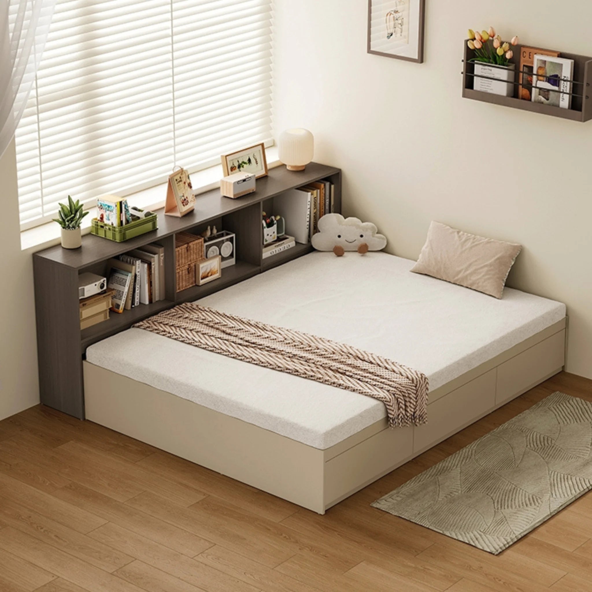 Linspire Lattice Global Queen Bed Base with Drawers and Storage Cabinet, Light Grey & Dark Brown