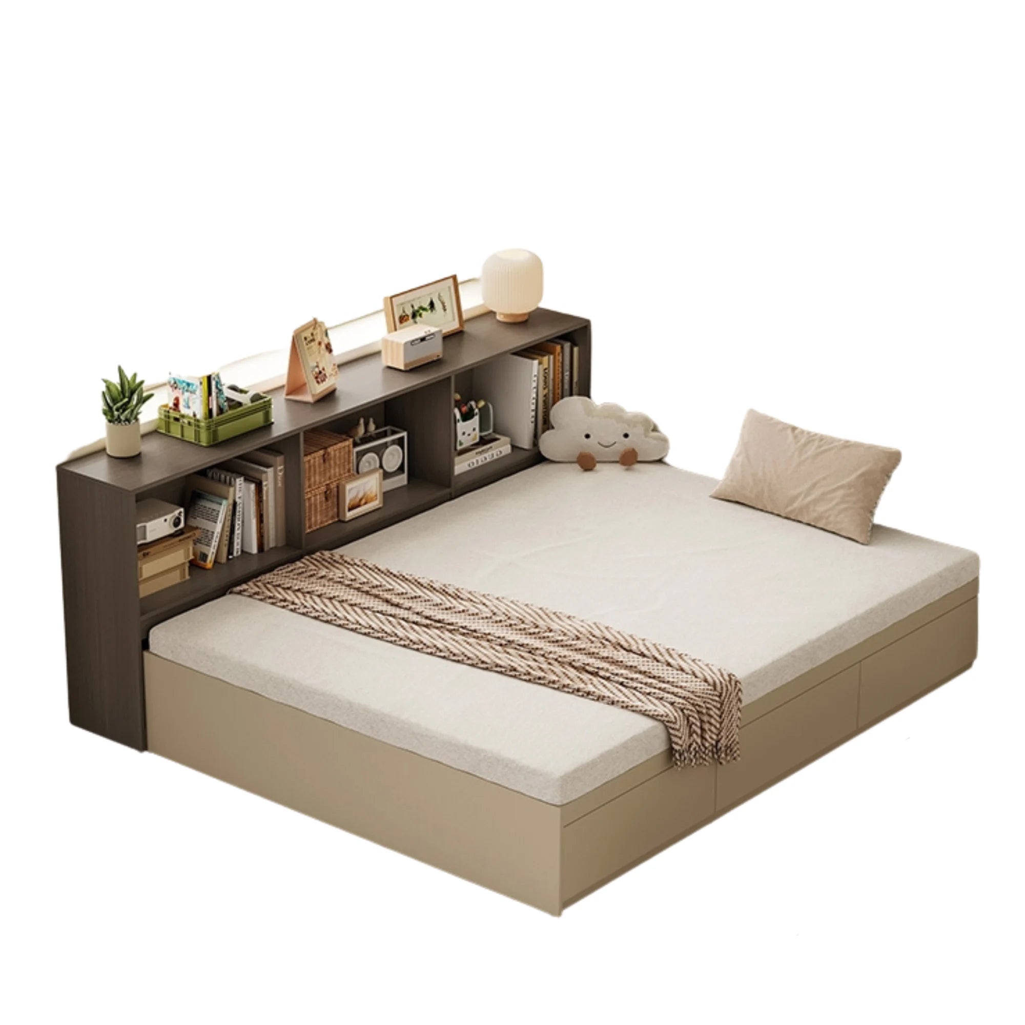 Linspire Lattice Bed Base With Drawers And Storage Cabinet, Light Grey, Dark Brown