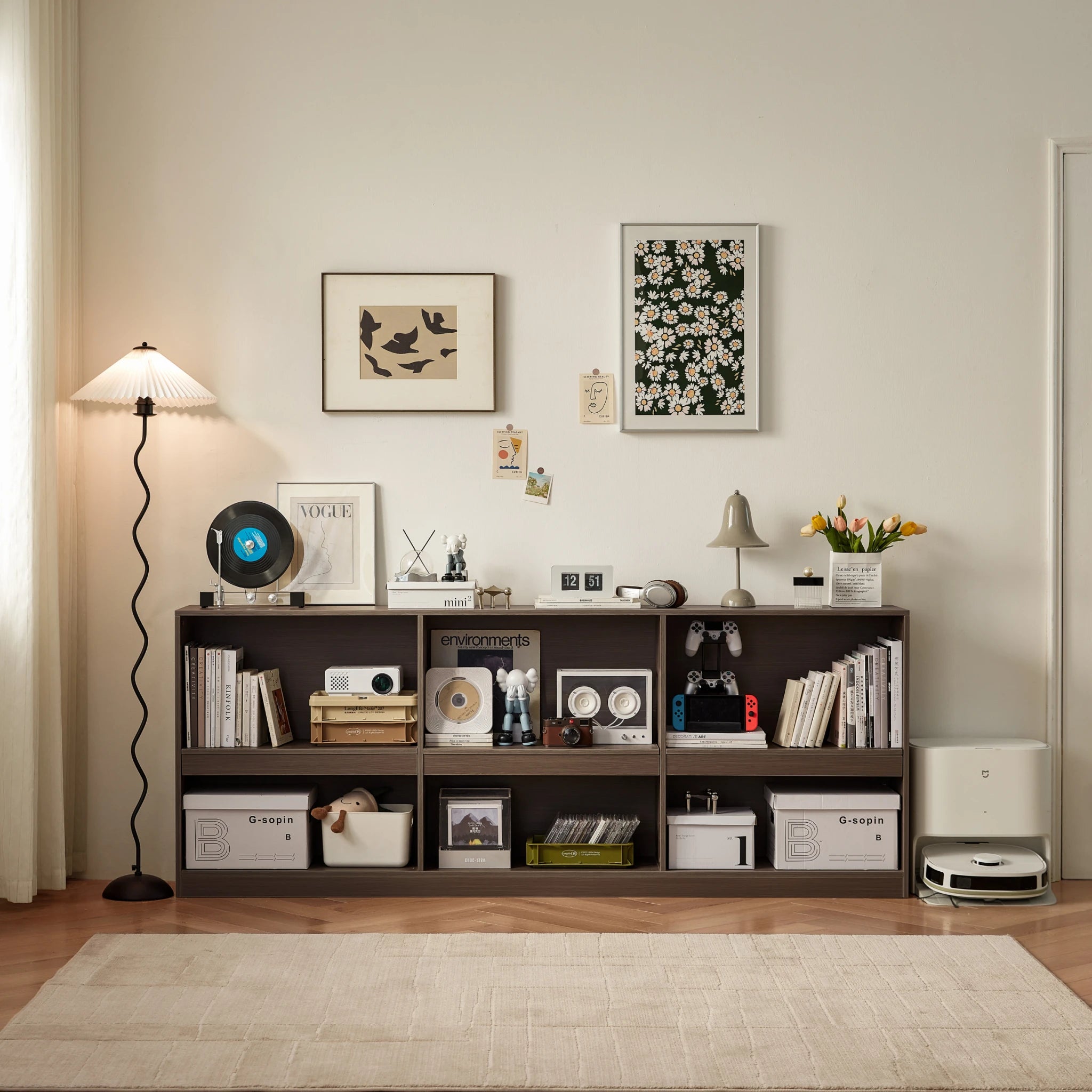 Linspire Lattice Global Queen Bed Base with Drawers and Storage Cabinet, Light Grey & Dark Brown
