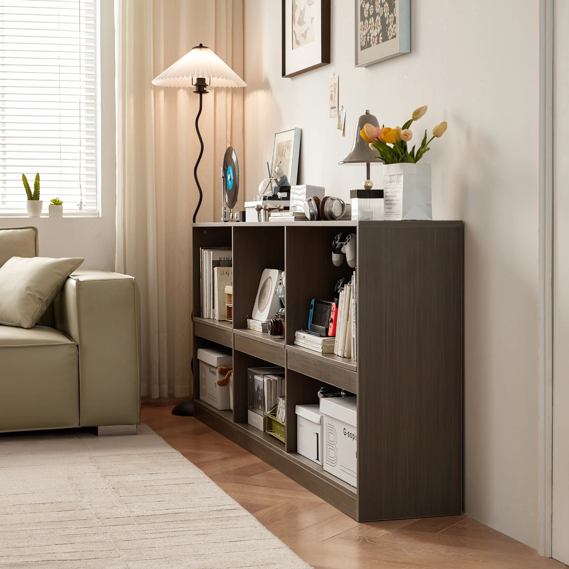 Linspire Lattice Global Queen Bed Base with Drawers and Storage Cabinet, Light Grey & Dark Brown
