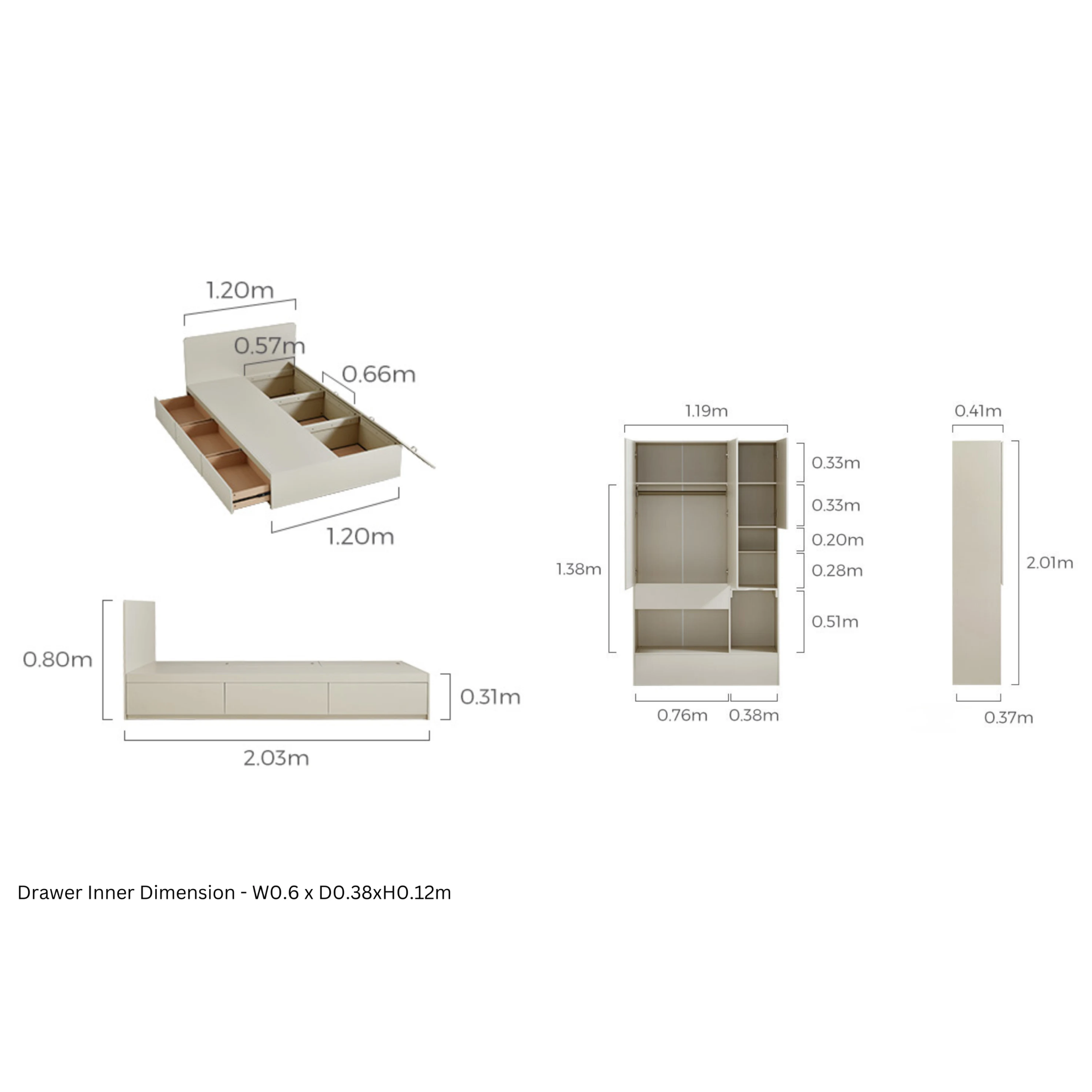 Linspire Lattice Global Double Bed Frame with Drawers and Storage Headboard, 120x243x202cm