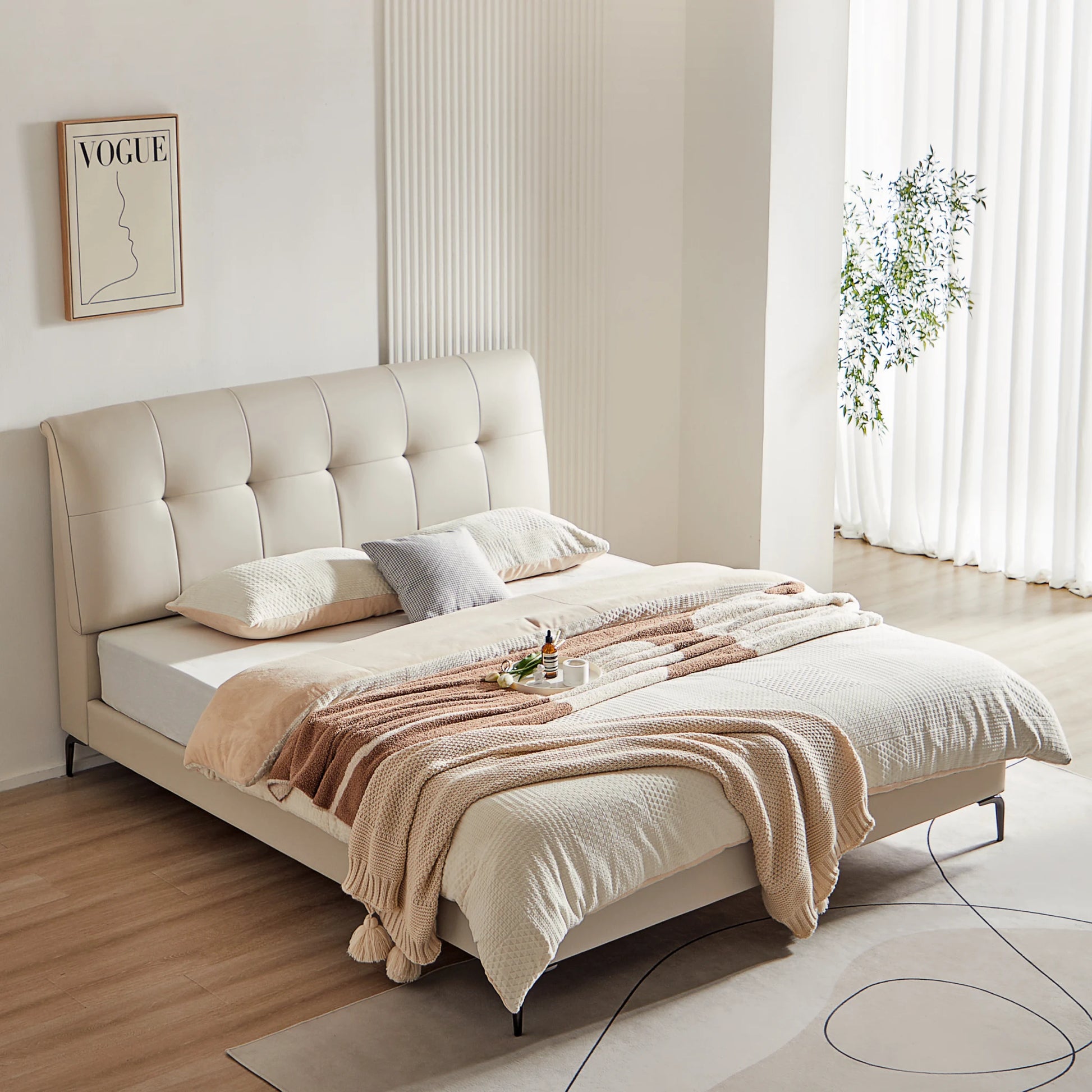 Linspire Radius Bed Frame With Leather Cushion Headboard, White