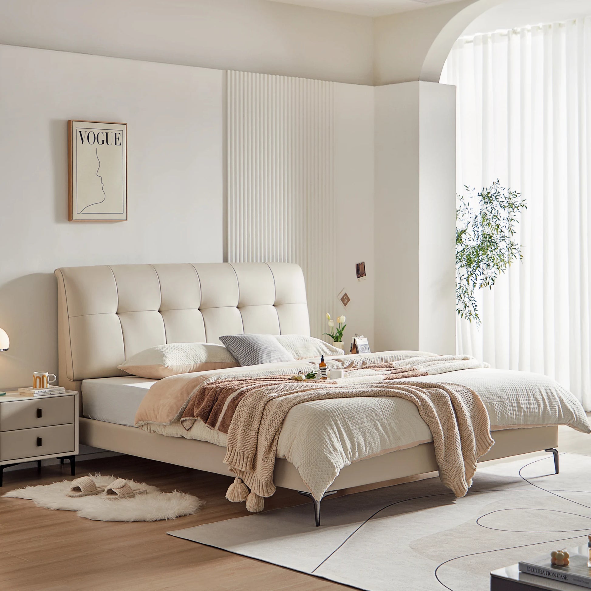 Linspire Radius Bed Frame With Leather Cushion Headboard, White