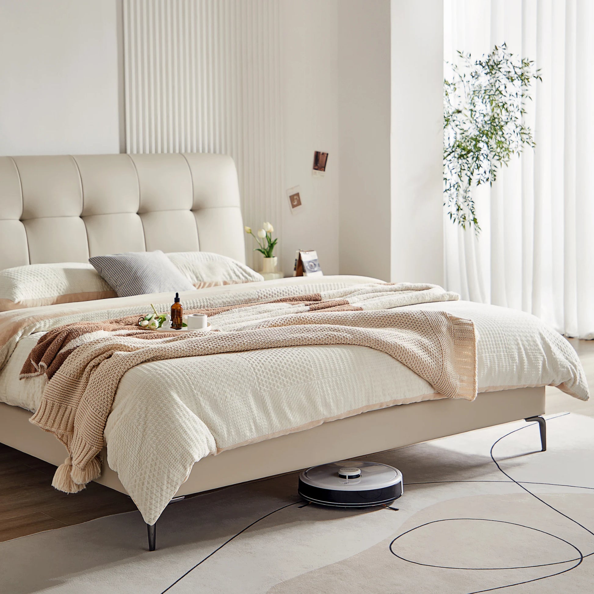 Linspire Radius Bed Frame With Leather Cushion Headboard, White