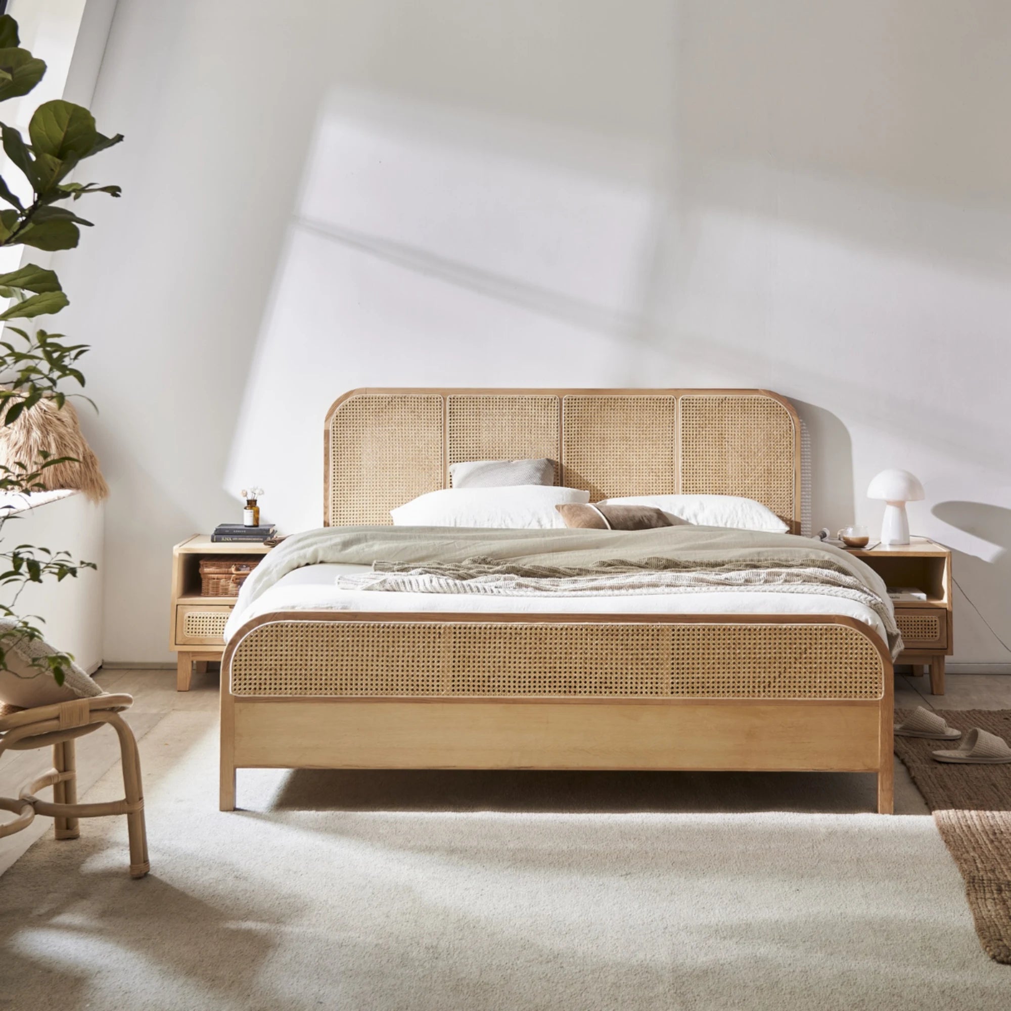 Bohoboho Nessa Solid Wood & Rattan Bed Frame, Natural Wood