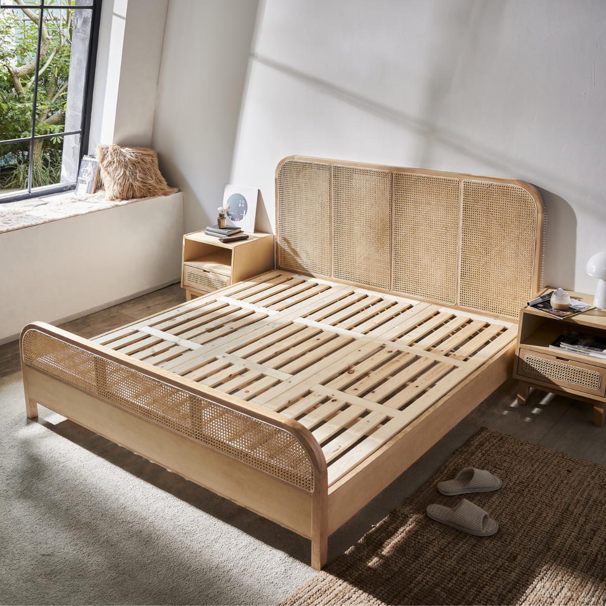 Bohoboho Nessa Solid Wood & Rattan Bed Frame, Natural Wood