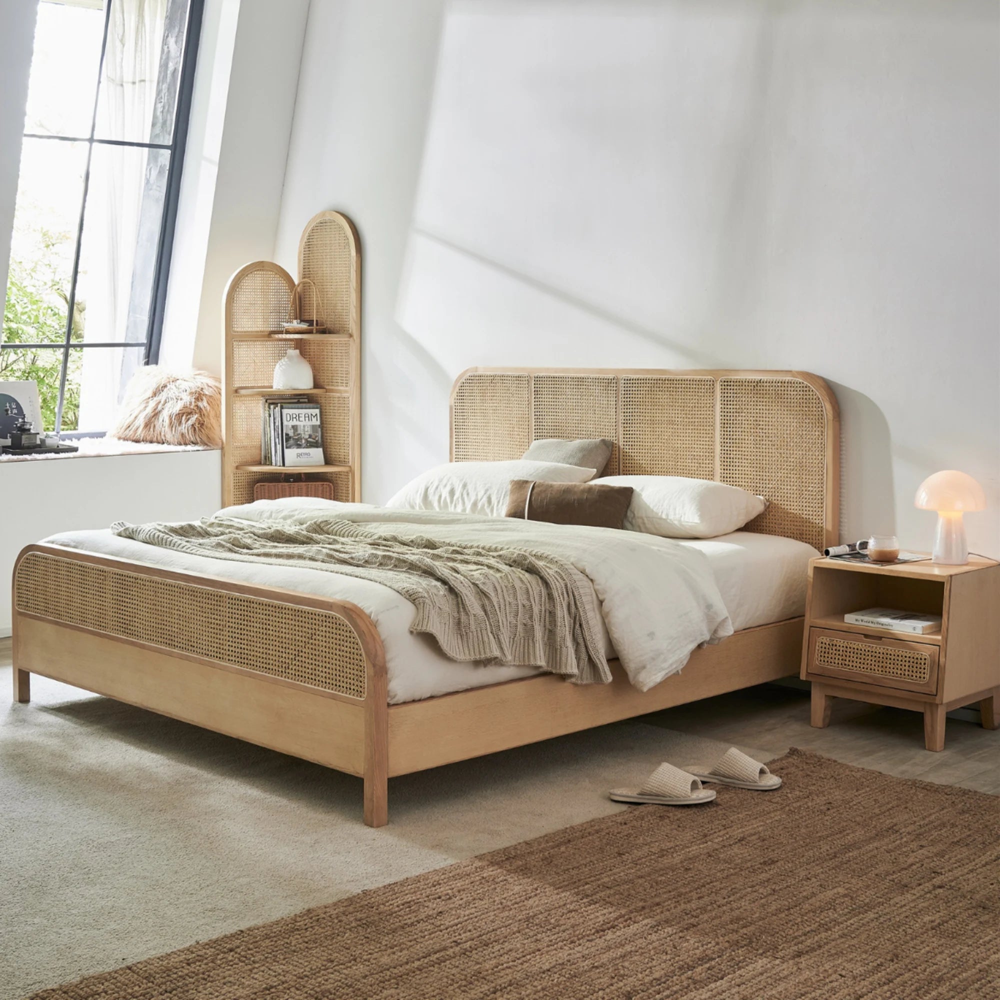 Bohoboho Nessa Solid Wood & Rattan Bed Frame, Natural Wood