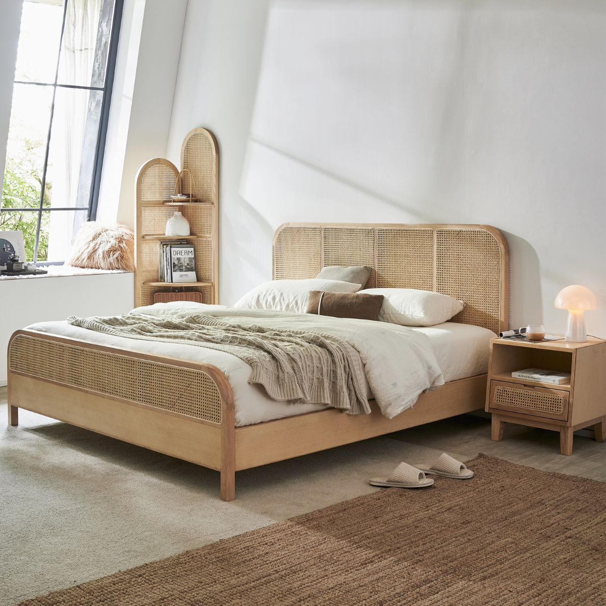 Bohoboho Nessa Solid Wood & Rattan Bed Frame, Natural Wood