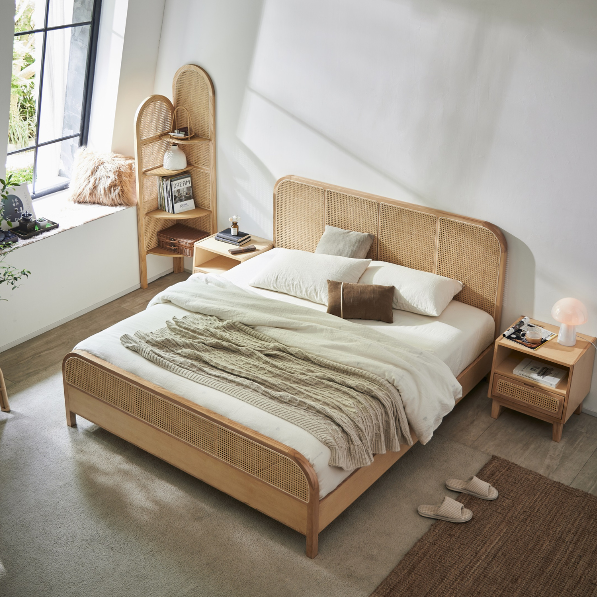 Bohoboho Nessa Solid Wood & Rattan Bed Frame, Natural Wood