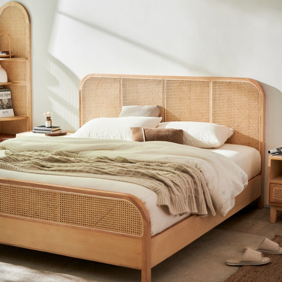 Bohoboho Nessa Solid Wood & Rattan Bed Frame, Natural Wood