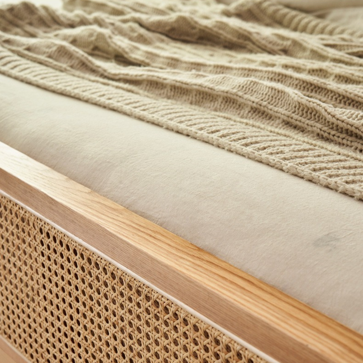 Bohoboho Nessa Solid Wood & Rattan Bed Frame, Natural Wood